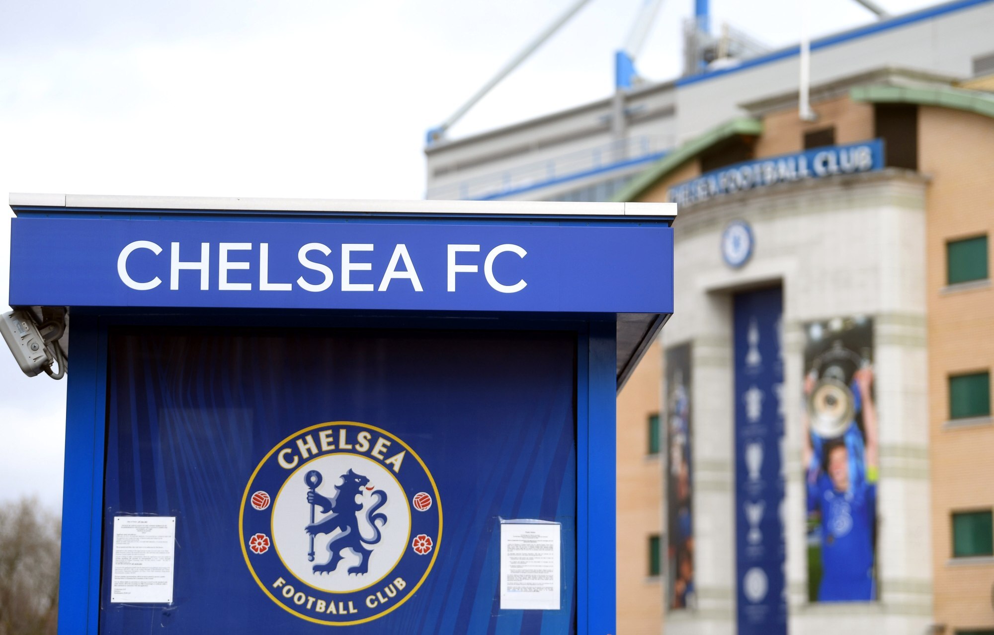 London, England, February 27th 2022: Chelsea football club and Nike logo on  a wall at Stamford