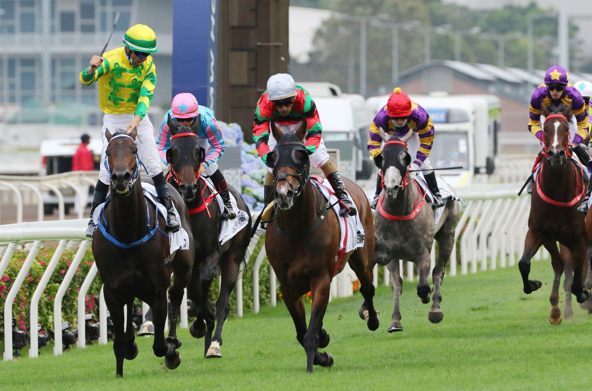 Joao Moreira salutes as Sky Darci wins the 2021 Hong Kong Derby.