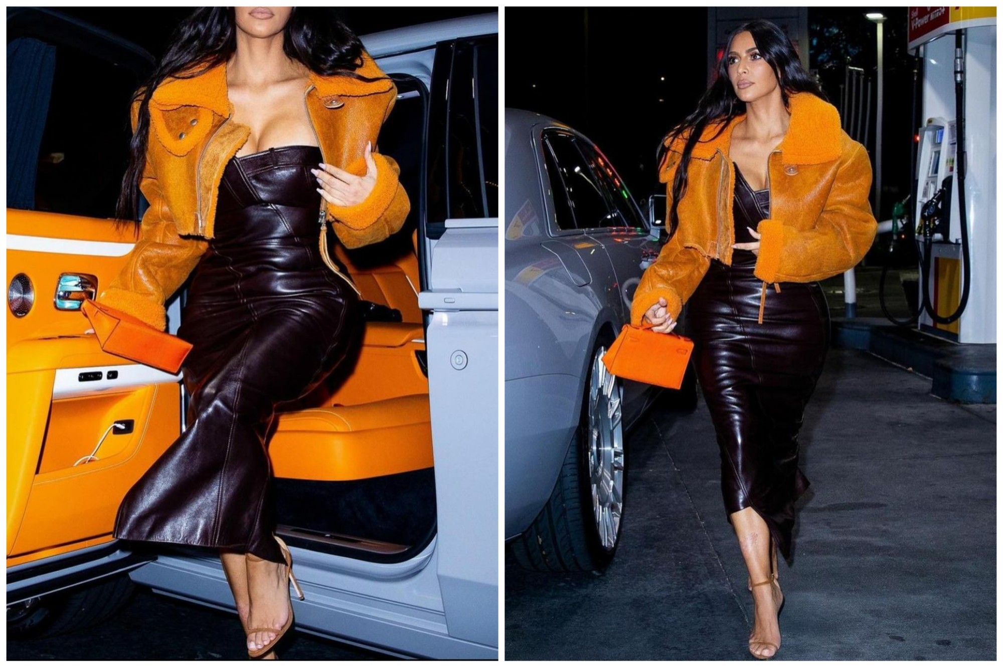 Kim Kardashian wore an outfit that matches the interior of her Rolls-Royce. Photo: @platinum_group/Instagram