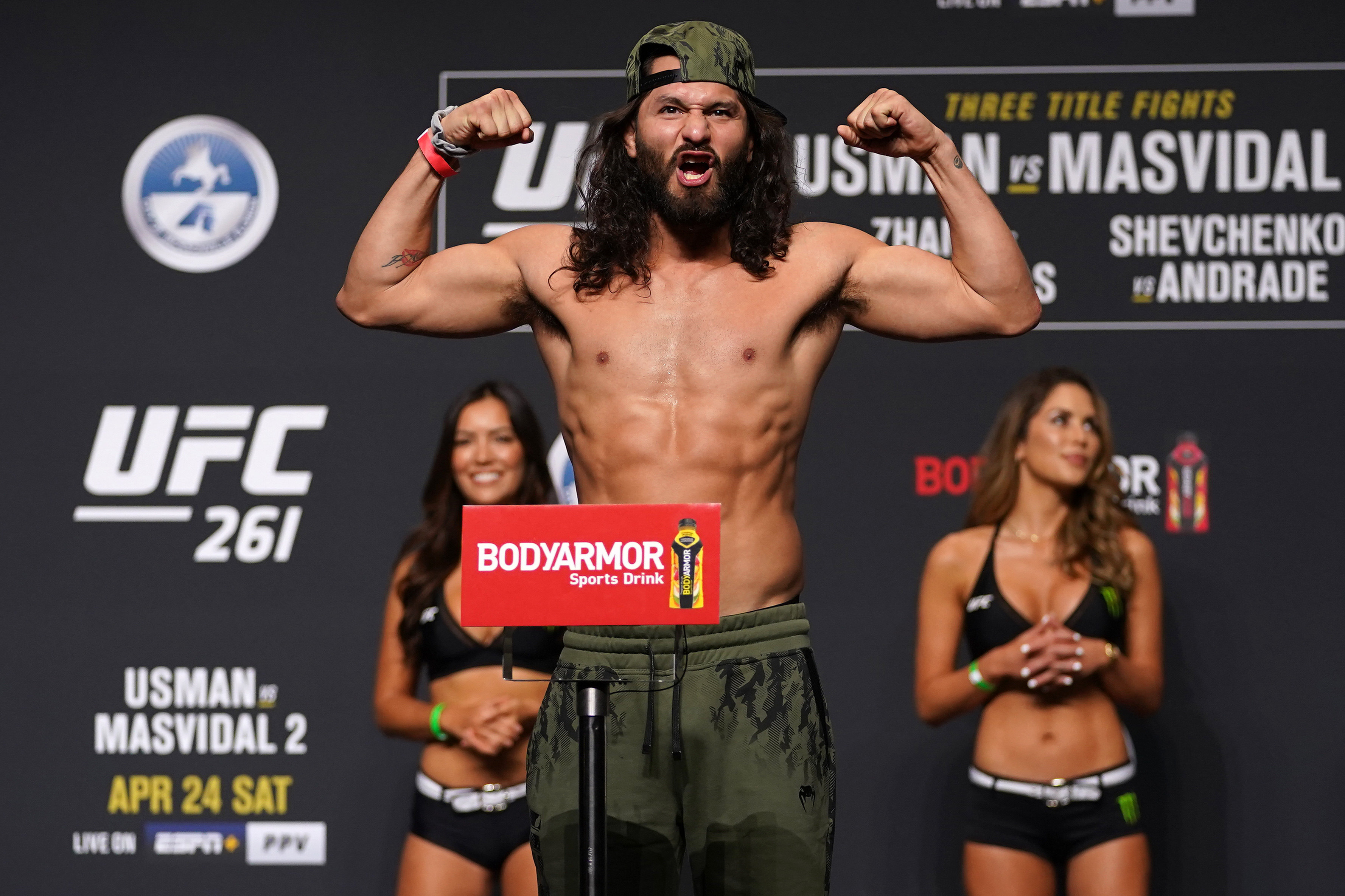 Jorge Masvidal poses at the weigh-ins for a fight with Kamaru Usman. Photo: Jasen Vinlove-USA TODAY Sports