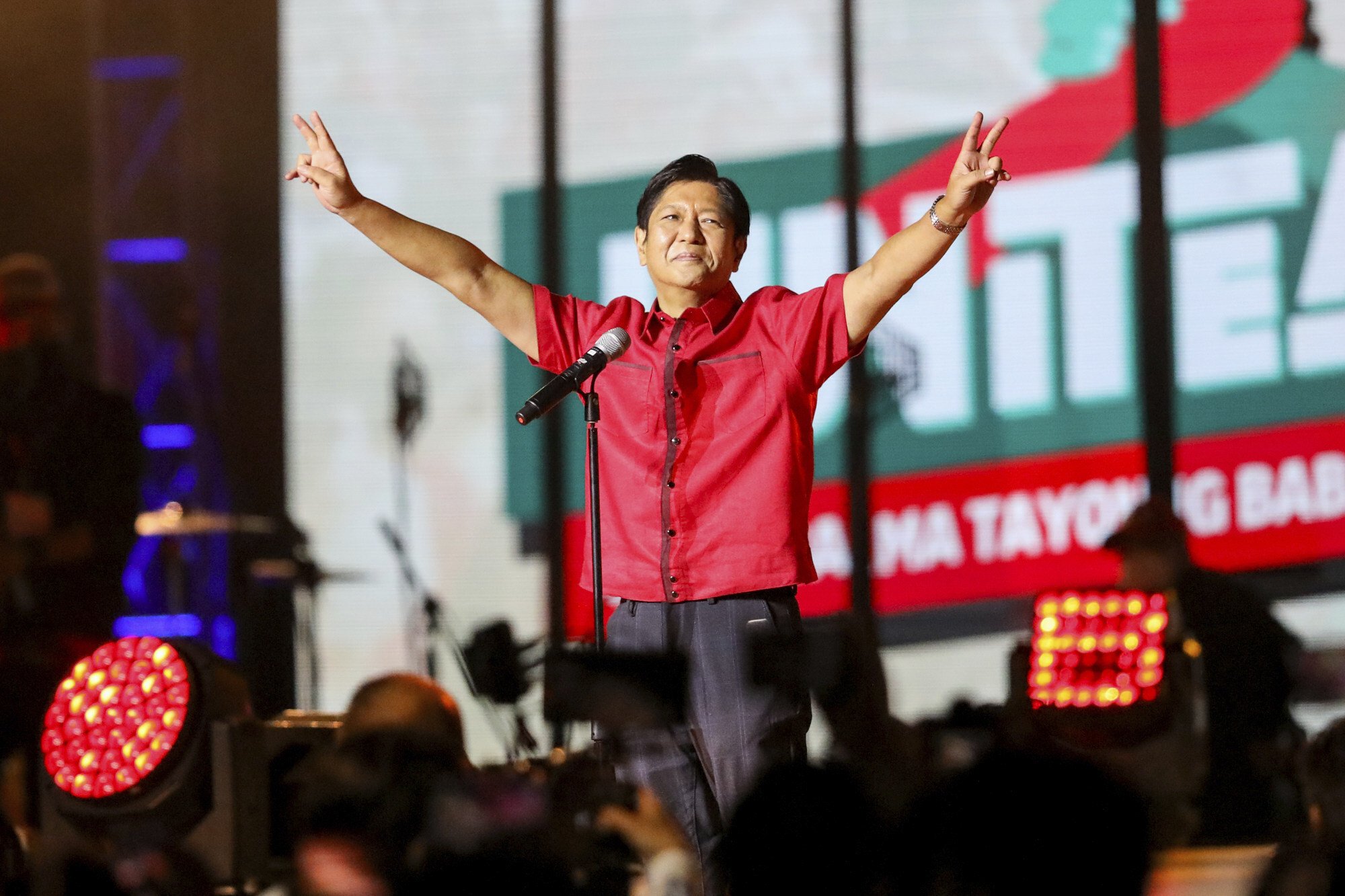 Presidential hopeful Ferdinand “Bongbong” Marcos Jnr, son of the late Filipino dictator, during a speech to supporters in February. He does not seem keen to debate with opponents. Photo: AP
