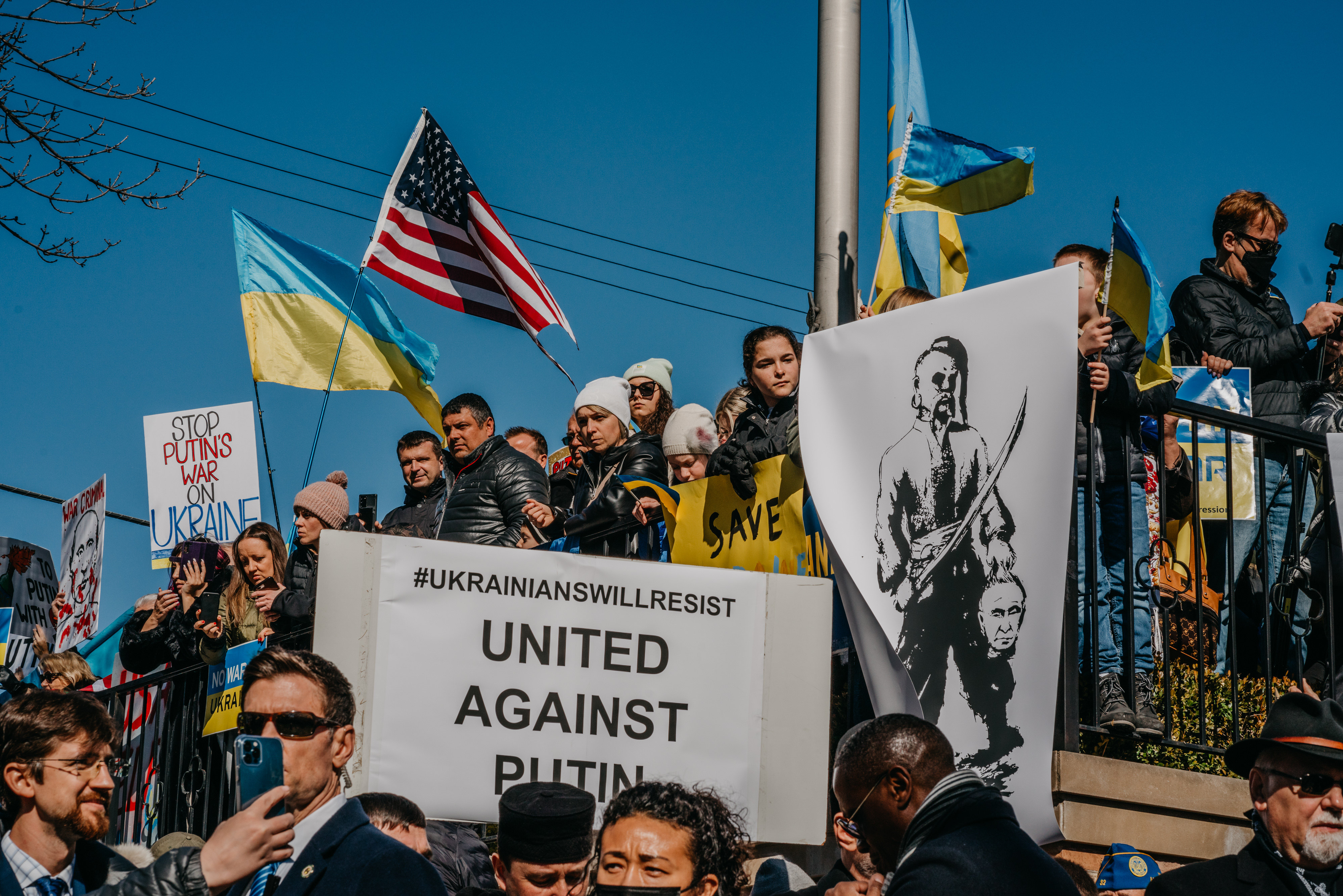 People protest against the Russian invasion of Ukraine in Chicago, US, on February 27. Russia has faced tougher-than-expected resistance from Ukraine’s forces, as well being hit by sanctions from the US, UK and EU. Photo: Bloomberg