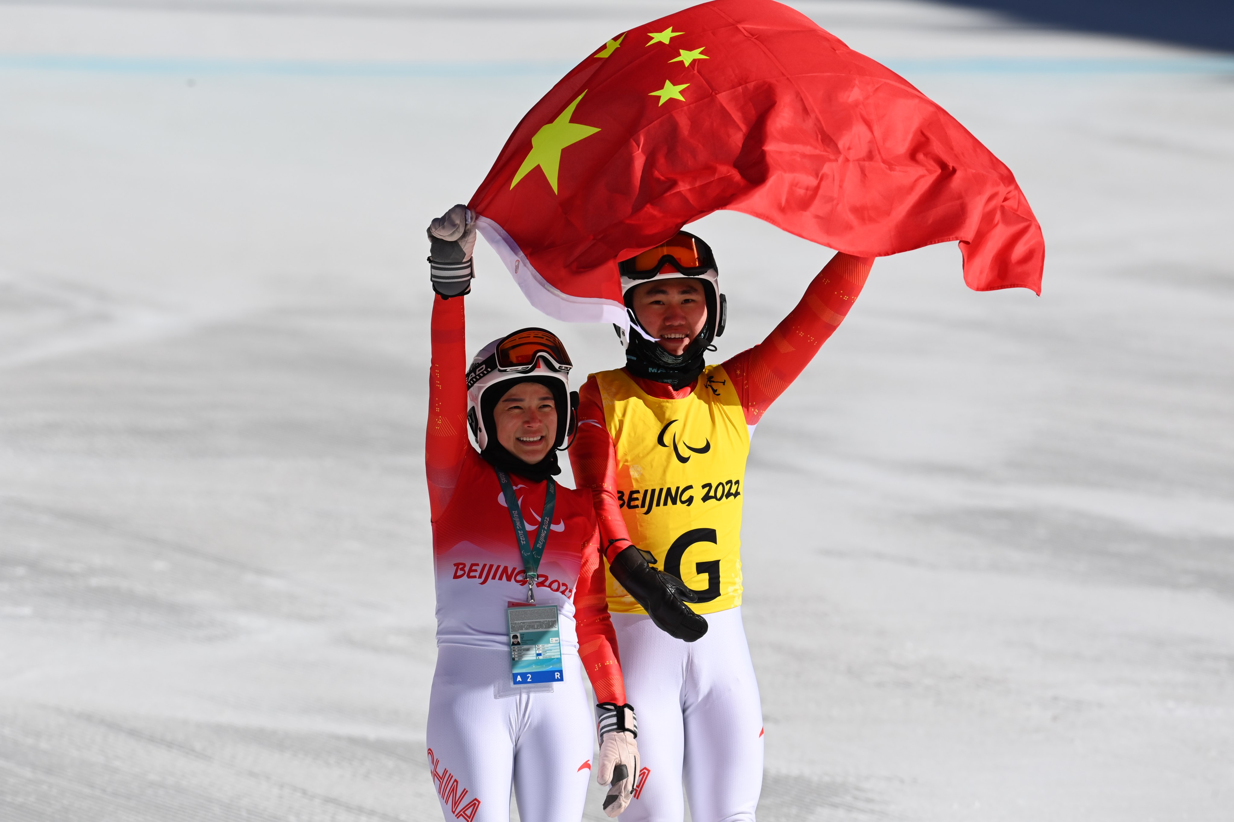 China’s Zhu Daqing and guide Yan Hanhan after the Beijing Winter Paralympic Game Para Alpine skiing women’s downhill vision impaired qualifier event at the National Alpine Skiing Center in Yanqing. Photo: Xinhua   
