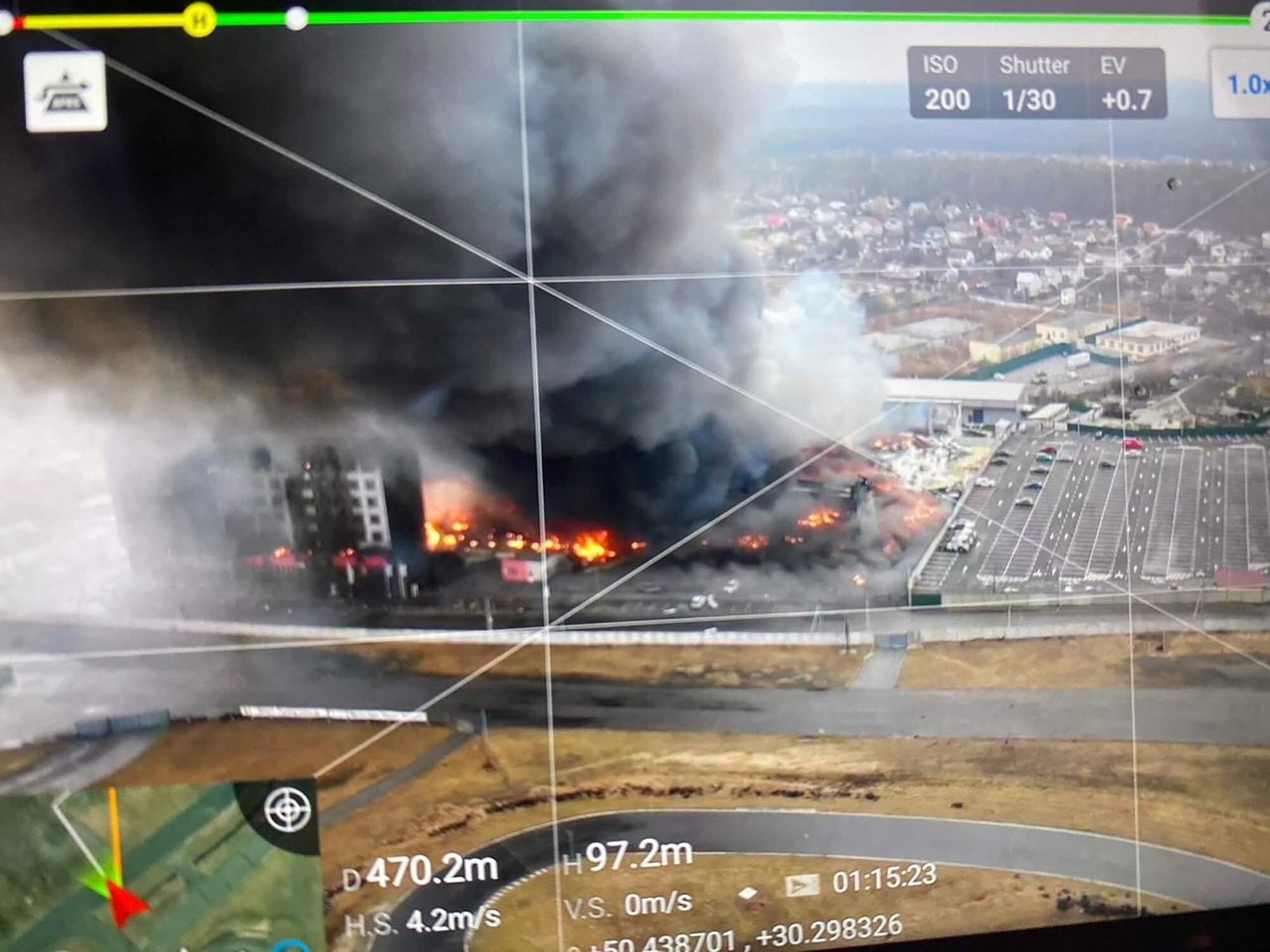 An image taken by a drone shows a blown-up building near the outskirts of Kyiv, Ukraine. Photo: Ukrainian Security Forces via AP