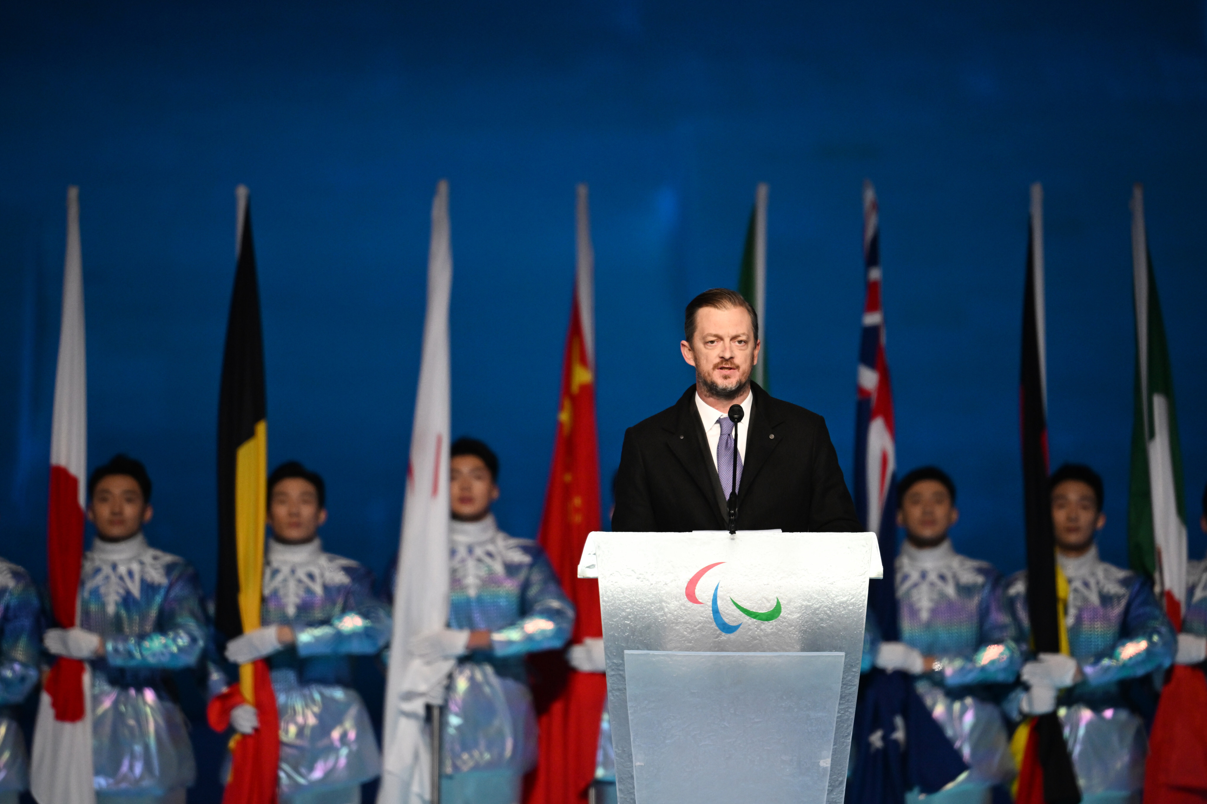 IPC president Andrew Parsons delivered a passionate speech during the opening ceremony of the Beijing 2022 Paralympic Winter Games. Photo: Xinhua