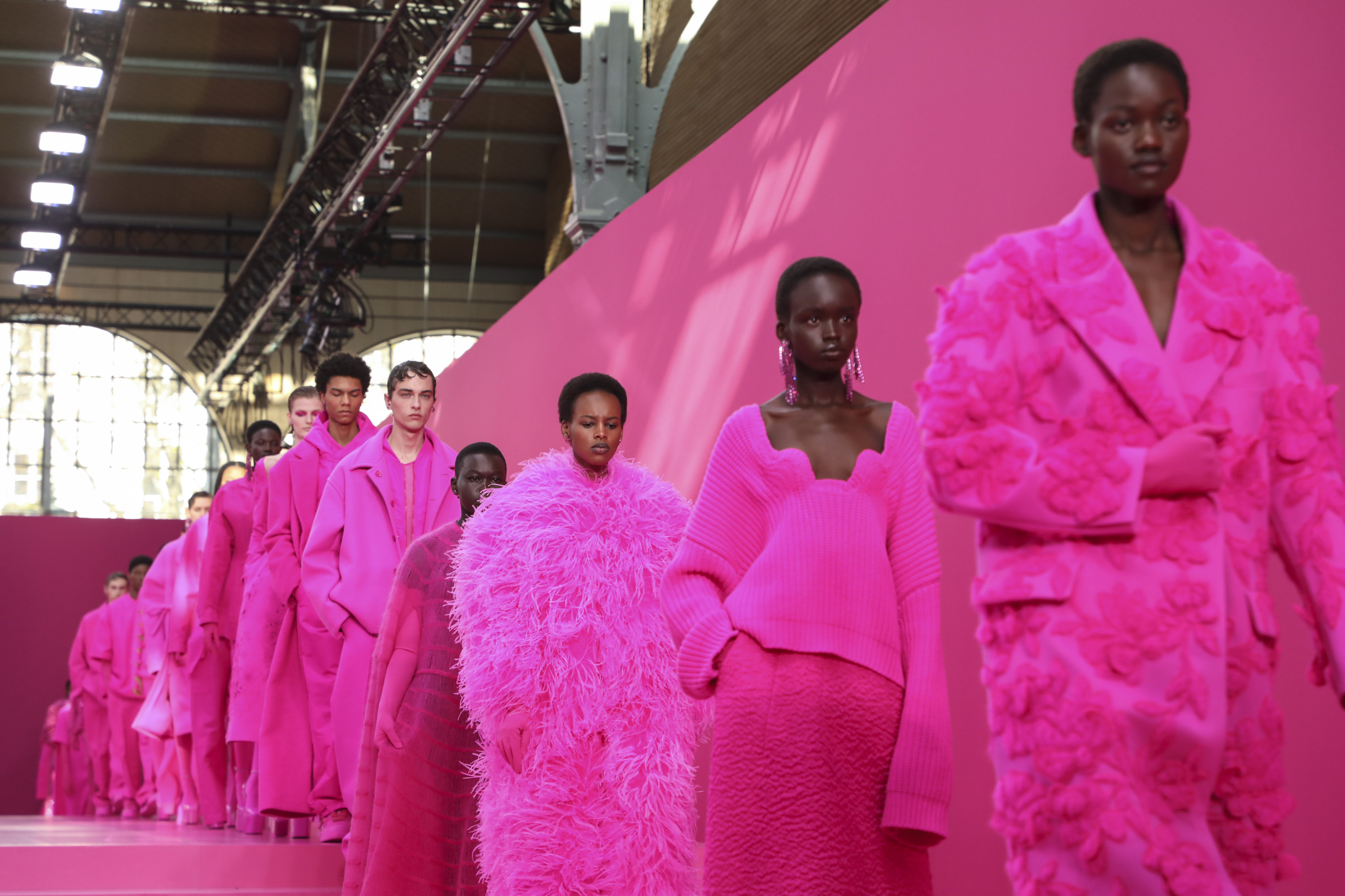 Models wear creations as part of the Valentino ready-to-wear autumn/winter 2022-2023 fashion collection, unveiled during Paris Fashion Week. Photo: Invision/AP
