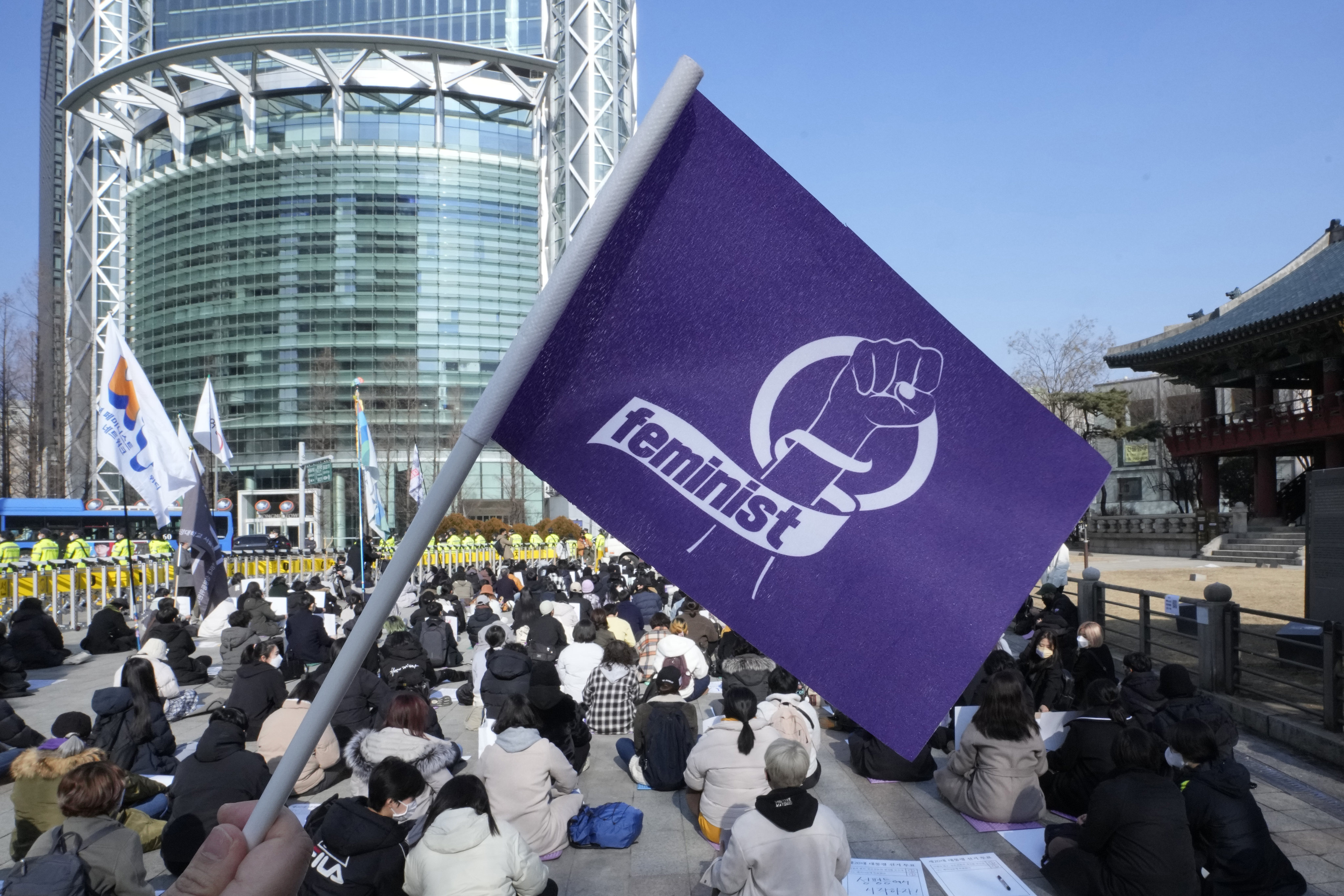 People stage a rally supporting feminism in Seoul on February 12. Photo: AP