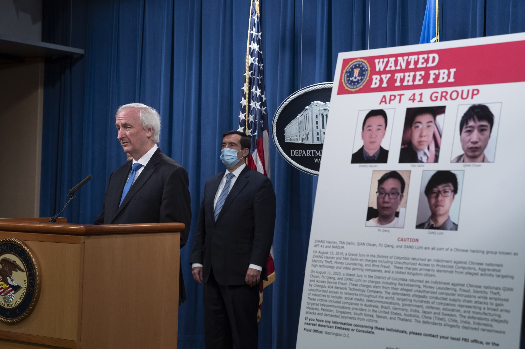US Deputy Attorney General Jeffrey Rosen announcing charges on September 16, 2020, related to a computer intrusion campaign by the APT41 hacking group, which has ties to the Chinese government. Photo: EPA-EFE