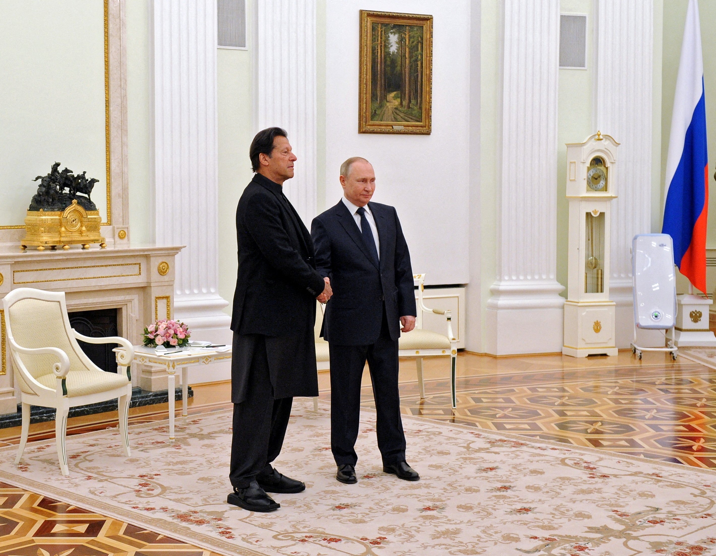 Pakistan’s Prime Minister Imran Khan meets Russian President Vladimir Putin on February 24. The timing of Khan’s visit to Moscow has strained Islamabad’s relations with the West. Photo: Reuters
