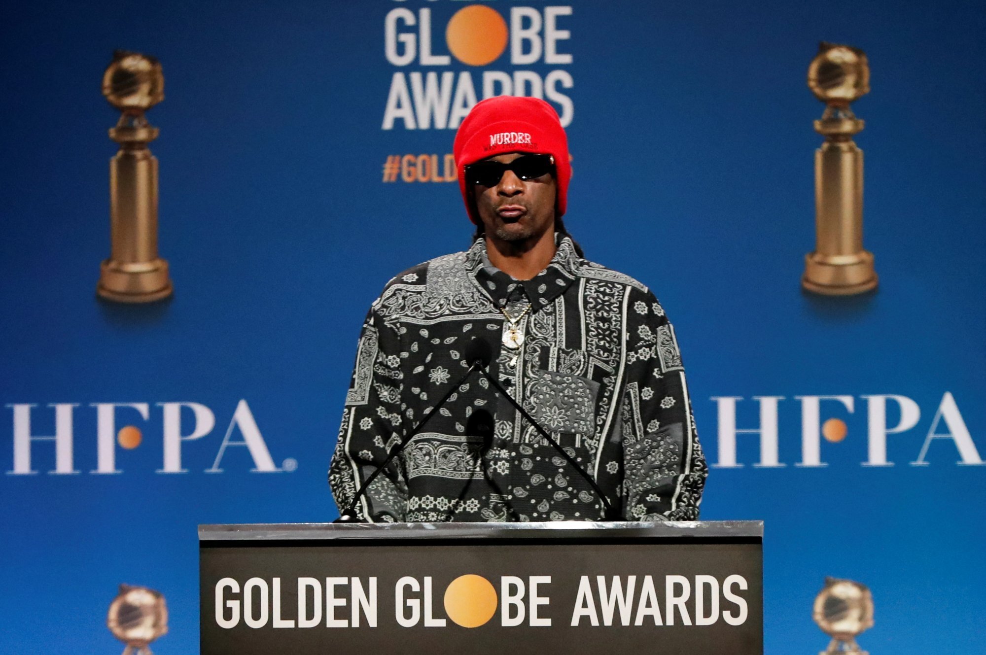 Rapper Snoop Dogg speaks at the 79th Annual Golden Globe Awards. Photo: Reuters