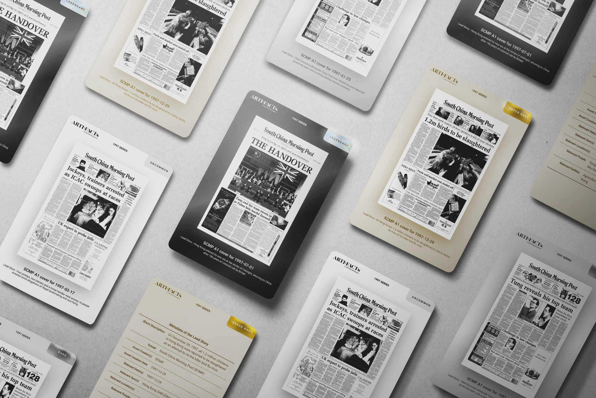 The Post’s “1997 Premium Series” NFTs, part of the newspaper’s NFT project ARTIFACTs, feature its newspaper archives from 1997, a defining year in Hong Kong’s history. Photo: SCMP