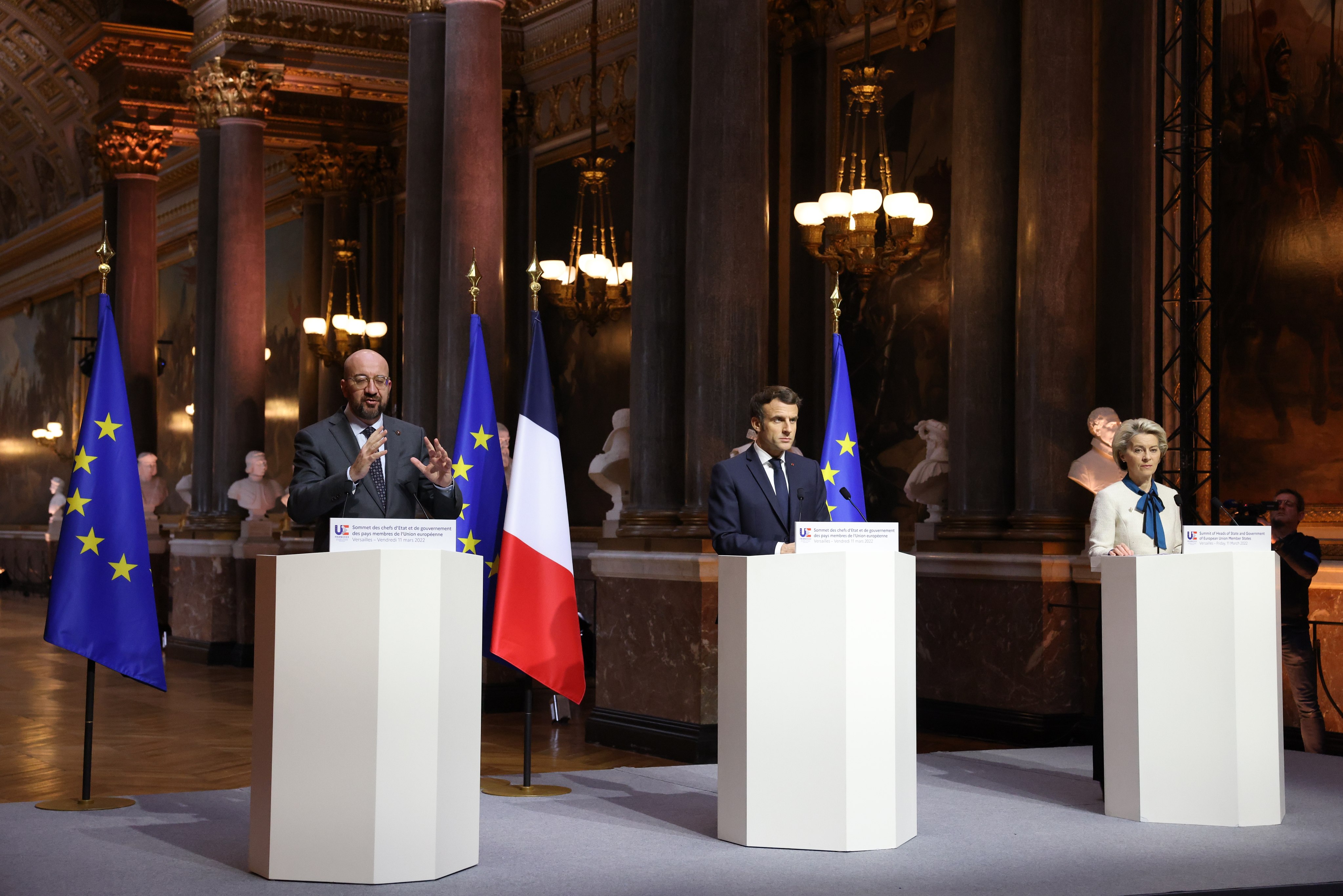 From the left, European Council President Charles Michel, French President Emmanuel Macron and European Commission President Ursula Von der Leyen attend a press conference at the Palace of Versailles in France after the meeting of EU leaders to discuss Russia’s invasion of Ukraine, on March 11. Photo: Dario Pignatelli/EU Council/DPA