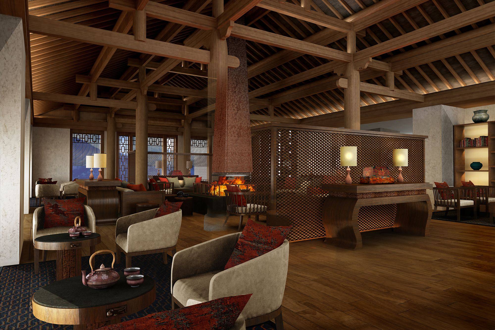 The lobby at the Ritz-Carlton Reserve at Jiuzhaigou.