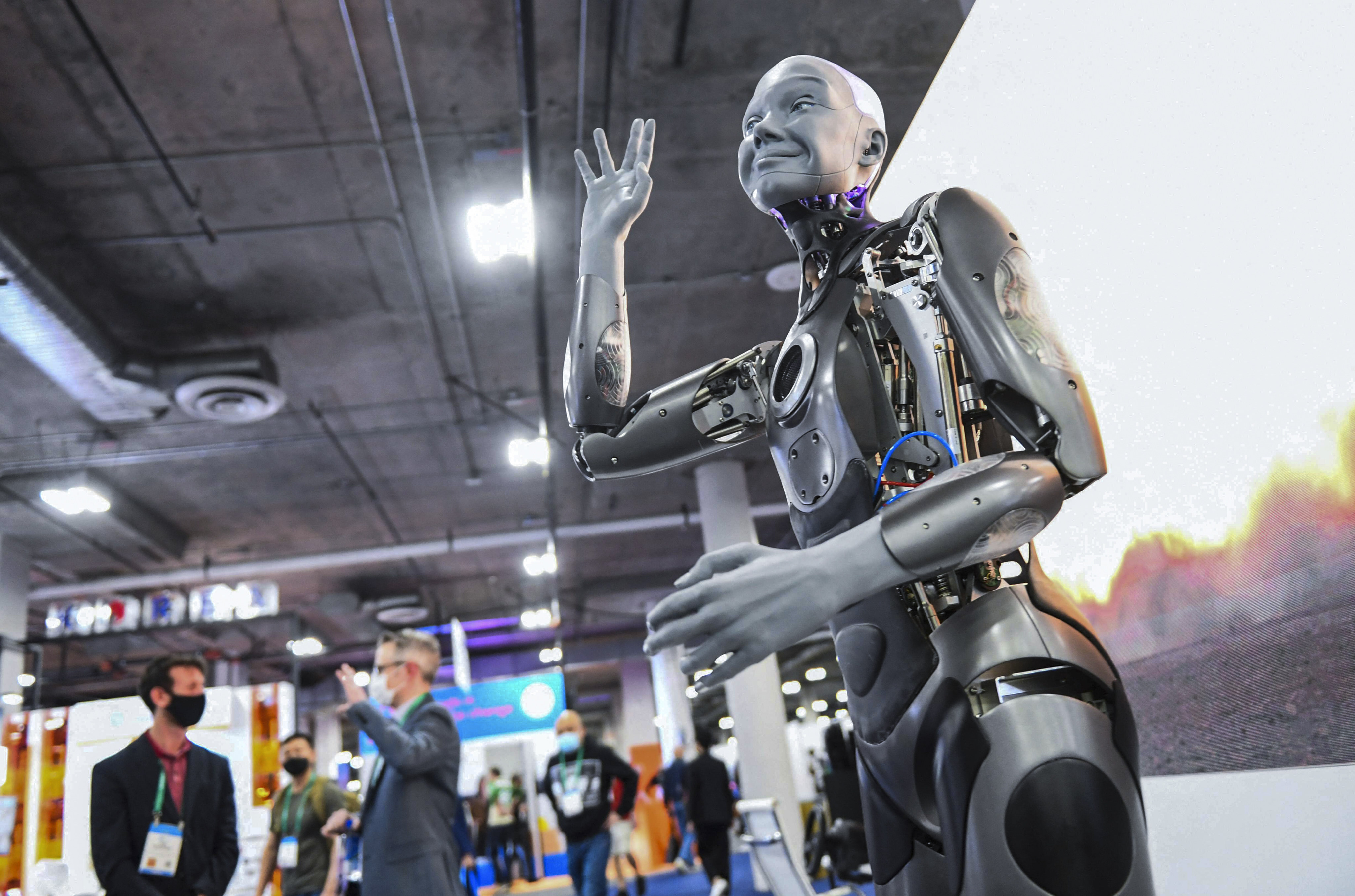 The Engineered Arts Ameca humanoid robot gestures during the Consumer Electronics Show on January 5 in Las Vegas, Nevada. Governance and ethics around AI are coming under increasing scrutiny as firms continue to embrace the emerging technology. Photo: AFP