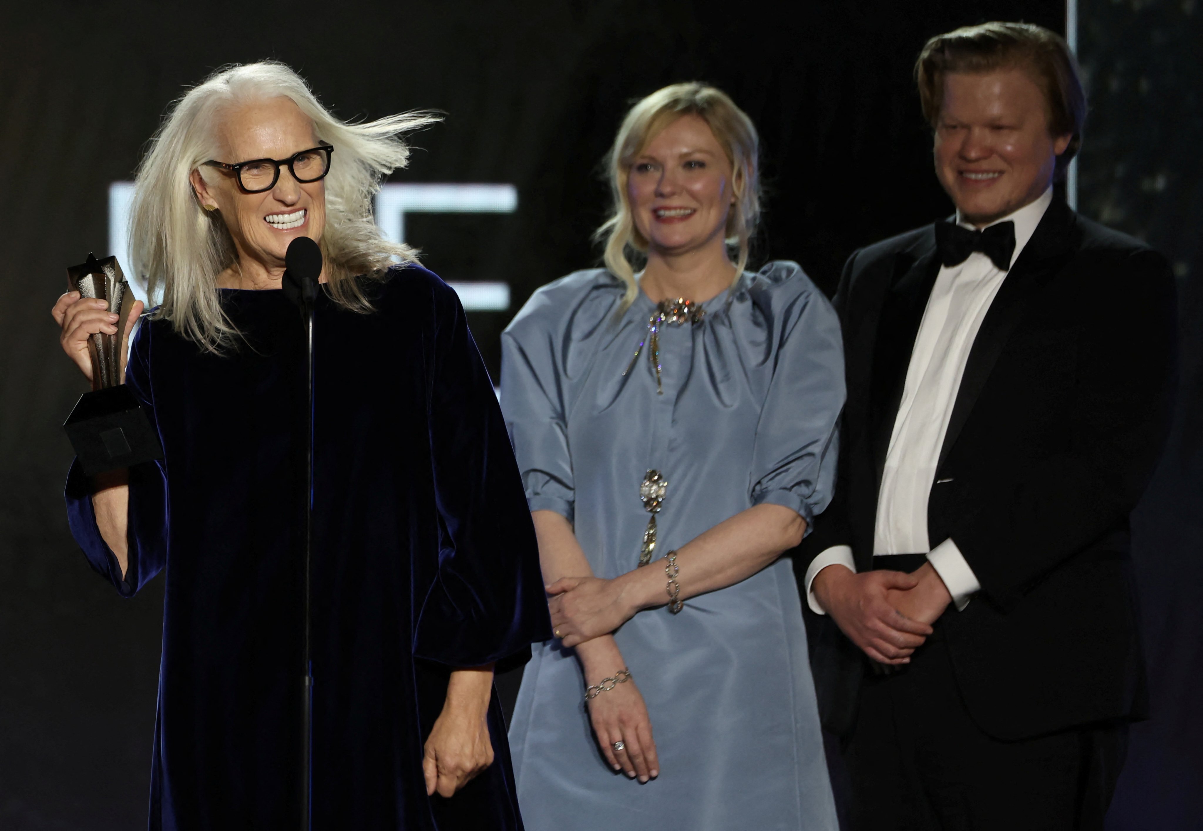 Jane Campion, Kirsten Dunst and Jesse Plemons accept the award for best picture for The Power of the Dog at the Annual Critics Choice Awards in Los Angeles, California on March 13. Photo: Reuters