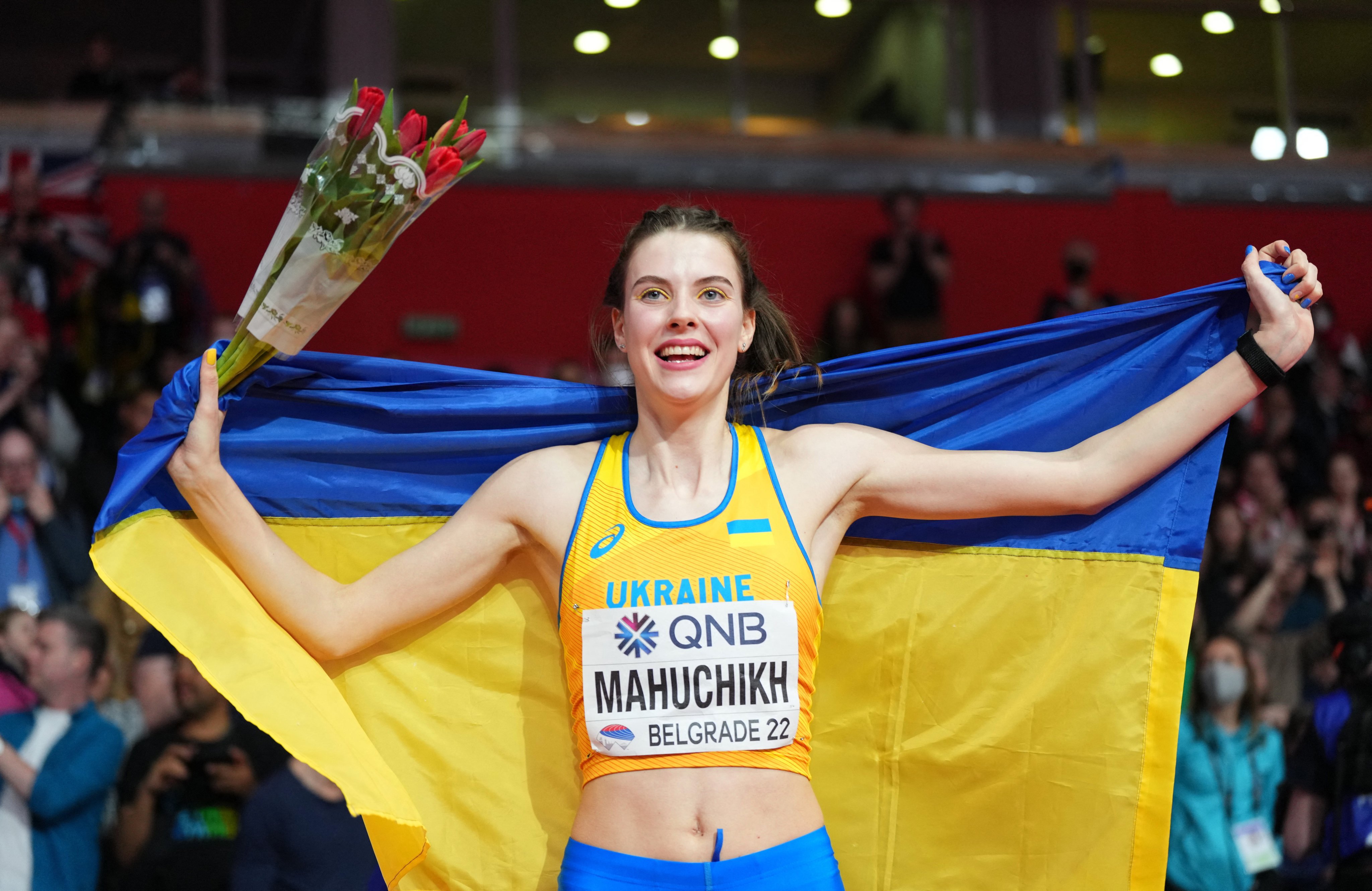 Ukraine’s Yaroslava Mahuchikh celebrates winning the women’s high jump final. Photo: Reuters