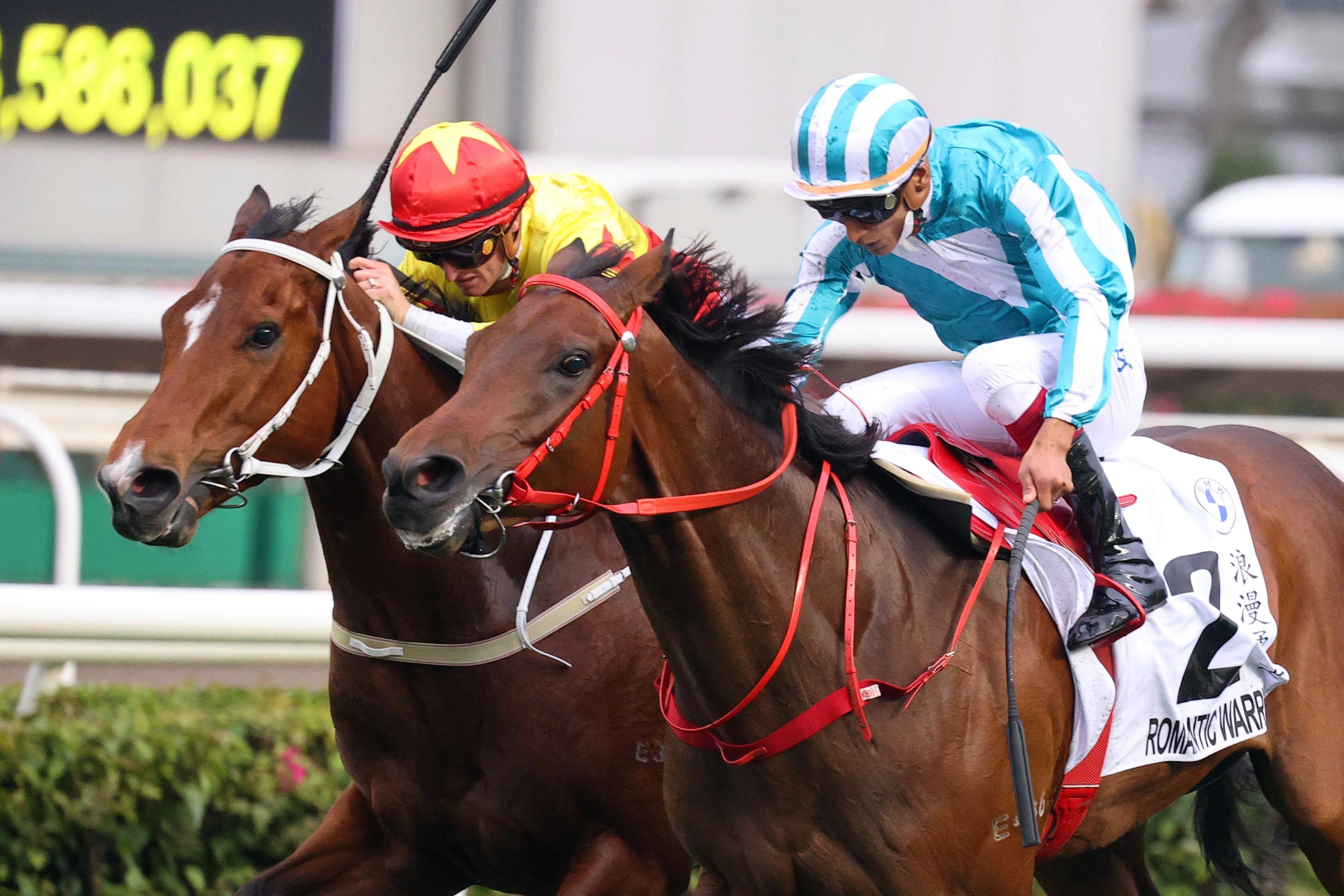 Romantic Warrior (outside) wins the Hong Kong Derby from California Spangle. Photo: HKJC