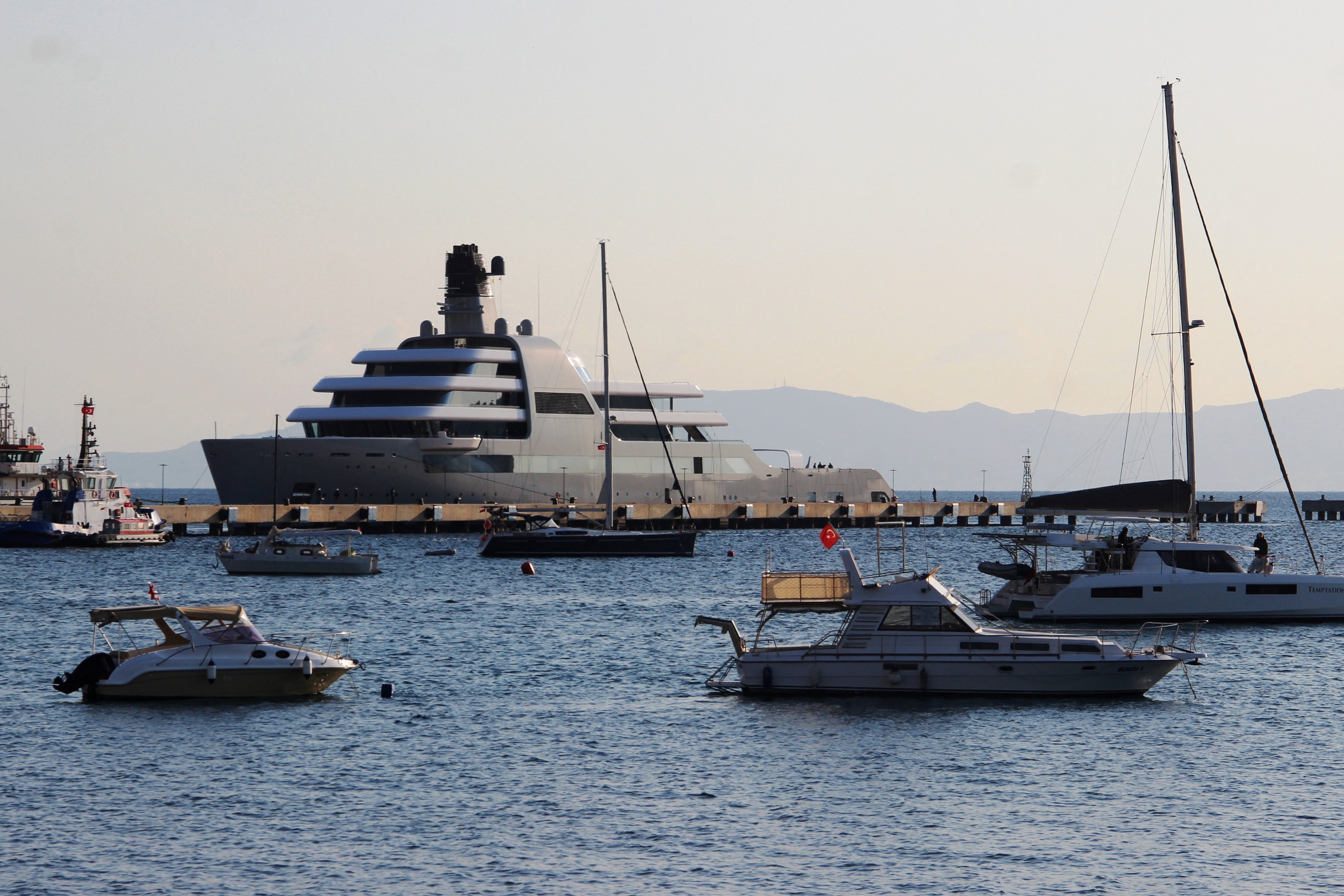Solaris, a superyacht linked to sanctioned Russian oligarch Roman Abramovich, docks at a marina in Bodrum, Turkey on Monday. Photo: IHA via Reuters