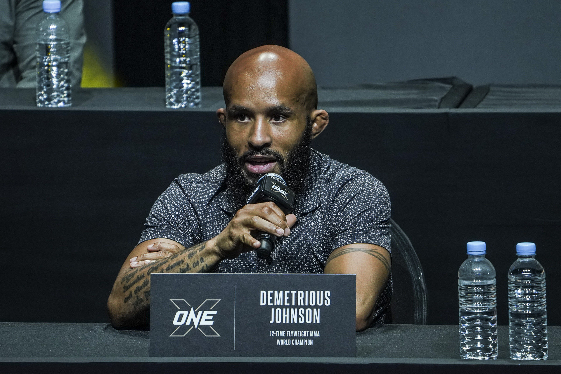 Demetrious Johnson speaks to the media at the ONE X press conference at Singapore Indoor Stadium. Photos: ONE Championship