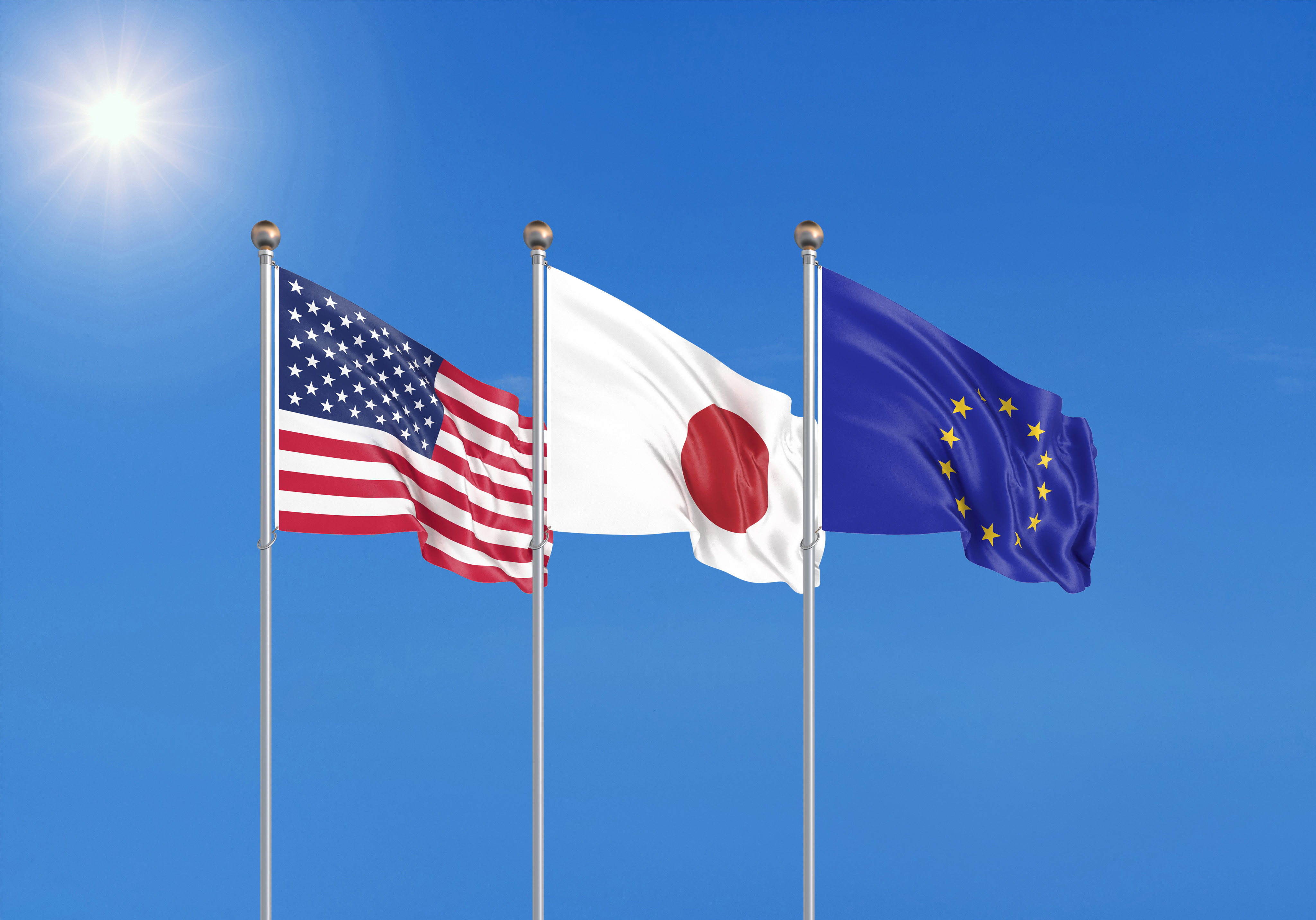 The flags of the European Union, the United States and Japan. Illustration: Shutterstock