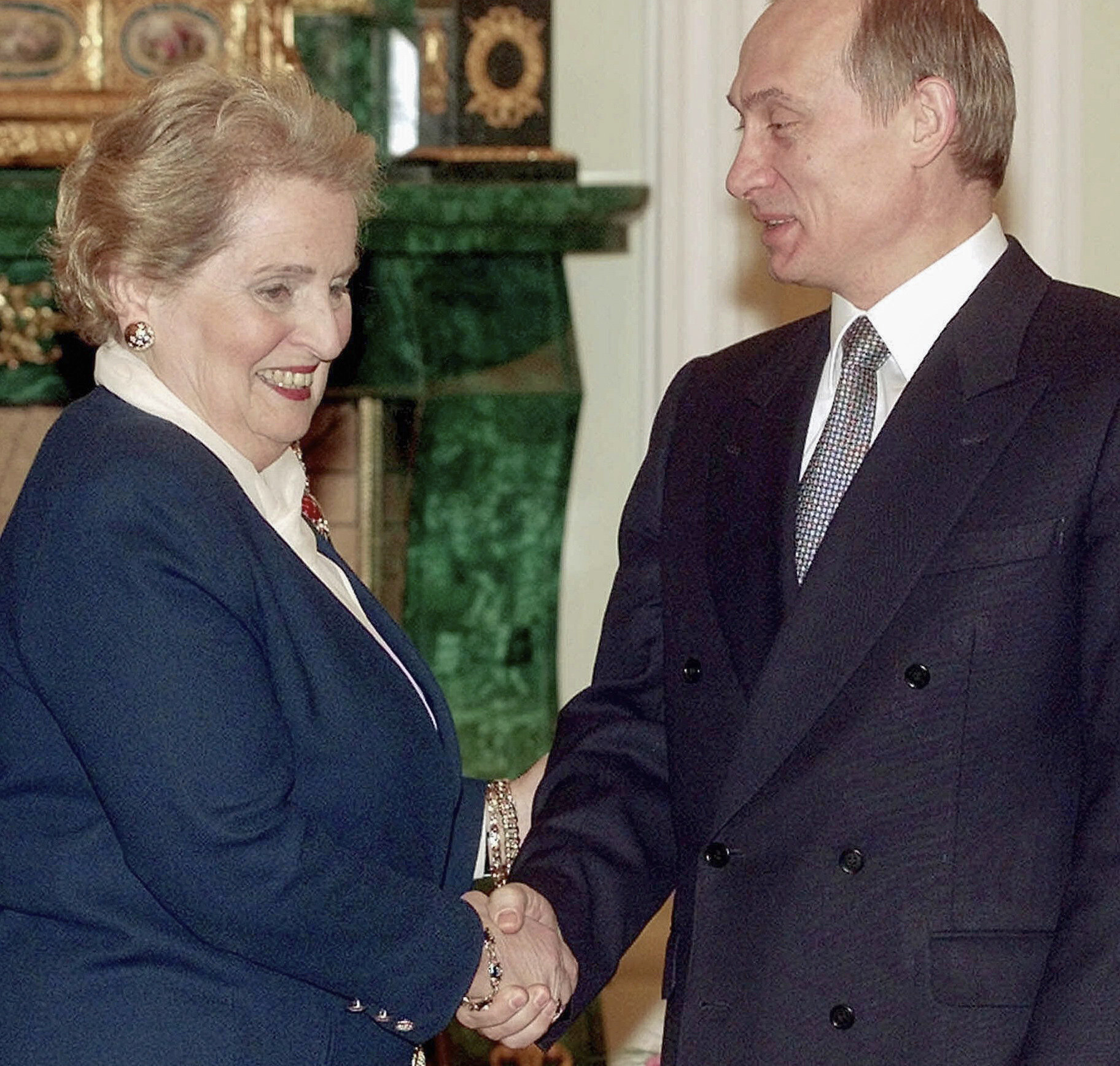 Then US Secretary of State Madeleine Albright meets then Acting Russian President Vladimir Putin in Moscow’s Kremlin on February 2, 2000. In another meeting between the two later that year, Albright would wear her now infamous three-monkey pin. Photo: AP