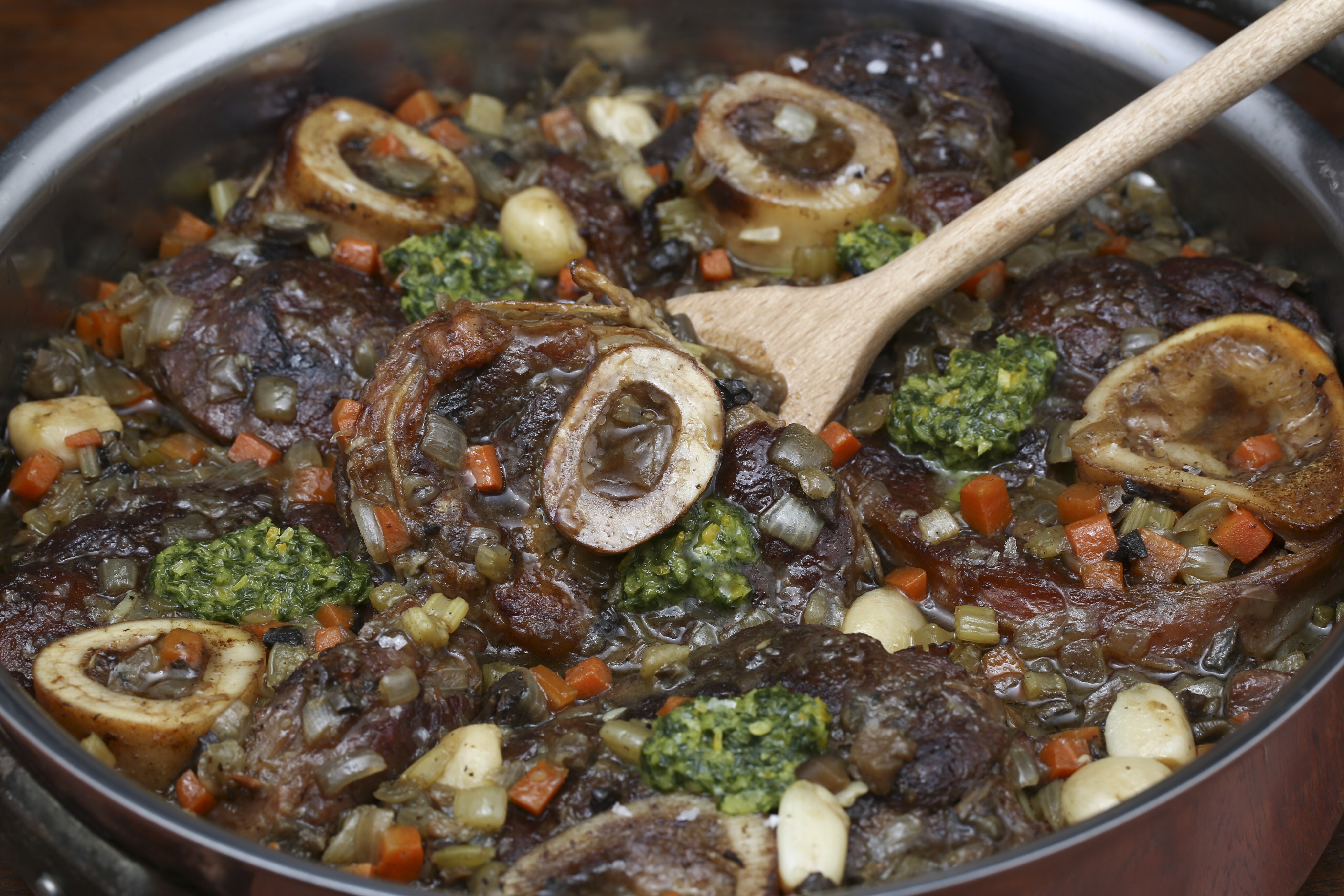 Braised veal shanks with porcini and gremolata. A rich and meaty slow-cooked Italian classic. Photo: Jonathan Wong