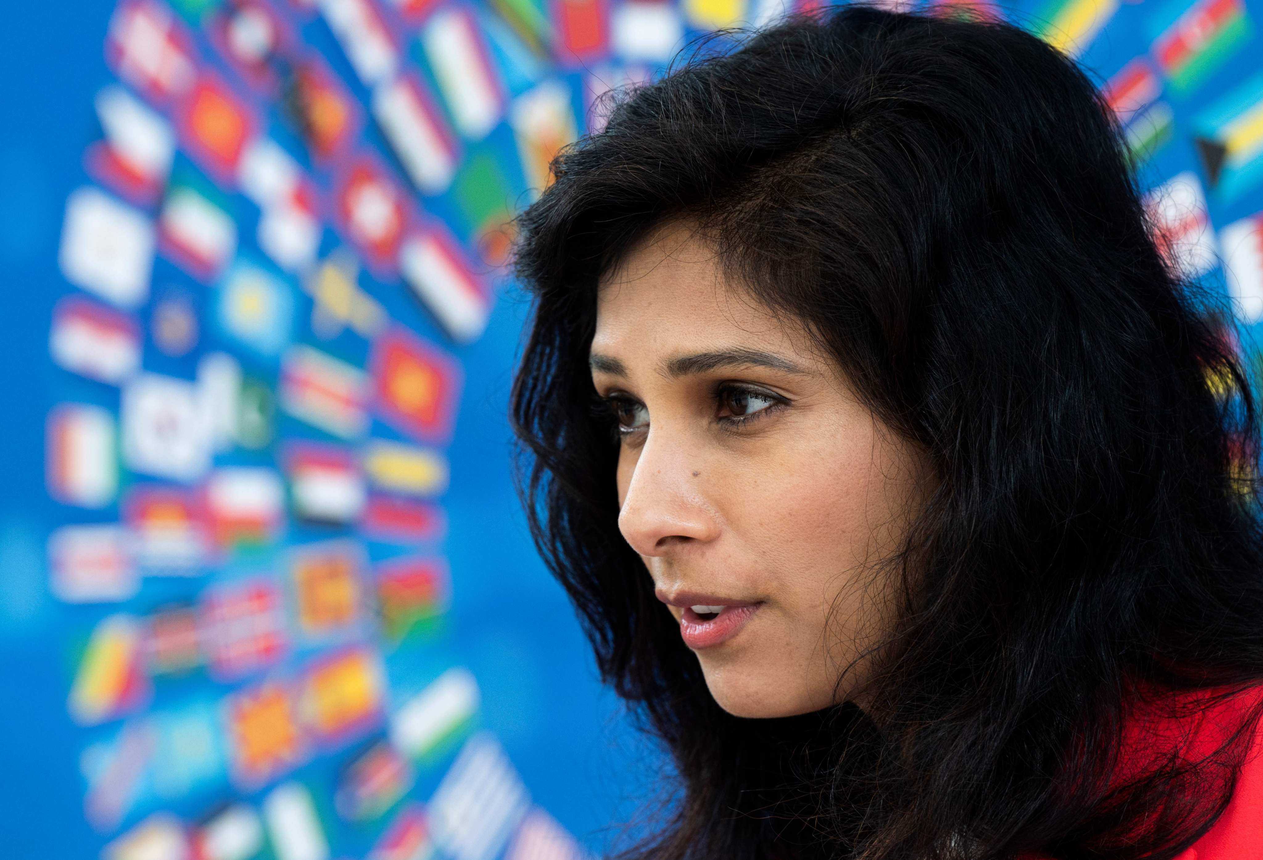 Gita Gopinath, first deputy managing director of the International Monetary Fund, speaks outside the institution’s headquarters in Washington, DC, on October 13, 2020. International organisations have exhibited nuanced differences in their statements on the war in Ukraine. The IMF vowed to support Ukraine on the financing and policy fronts. Photo: AFP