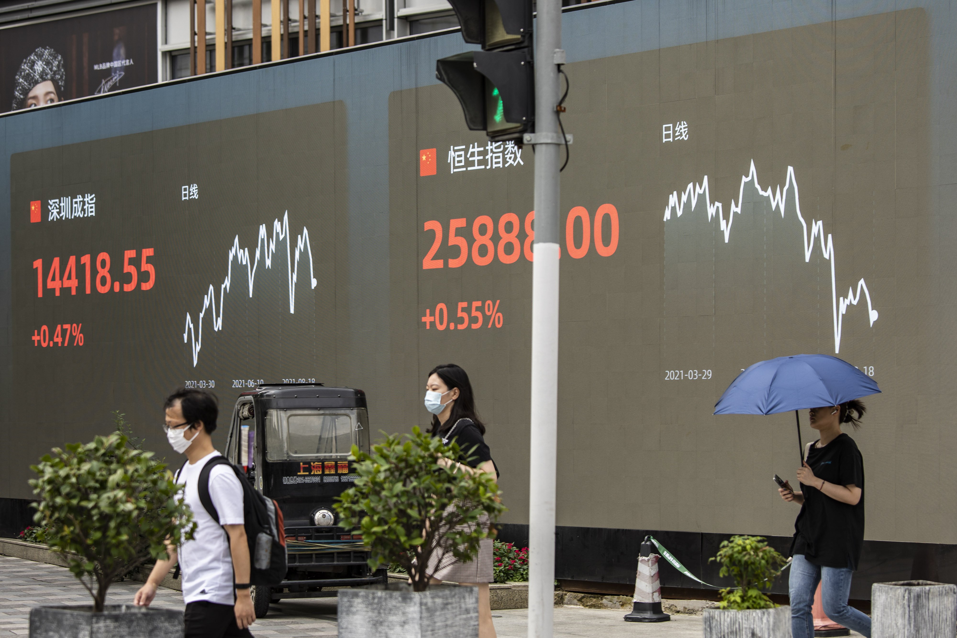 Pedestrians pass a screen displaying the Shenzhen Stock Exchange and the Hang Seng Index figures in Shanghai, China. Photo: Bloomberg