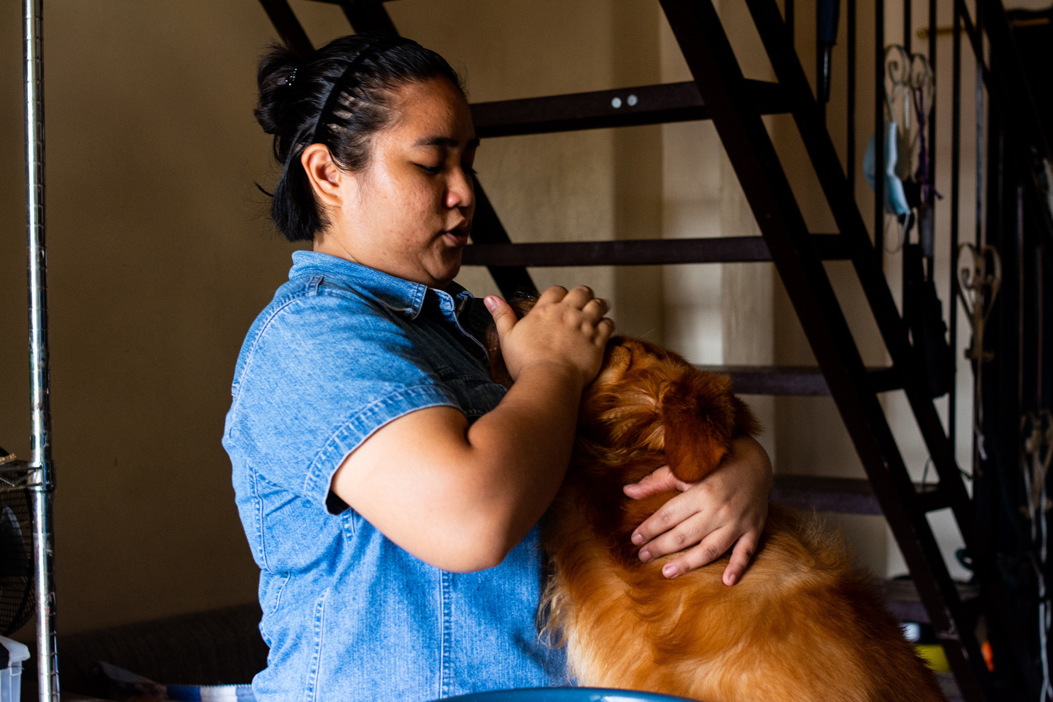 A whimpering Koko is being comforted by Majann, after the golden retriever spit out his medicine. Photo: Maro Enriquez