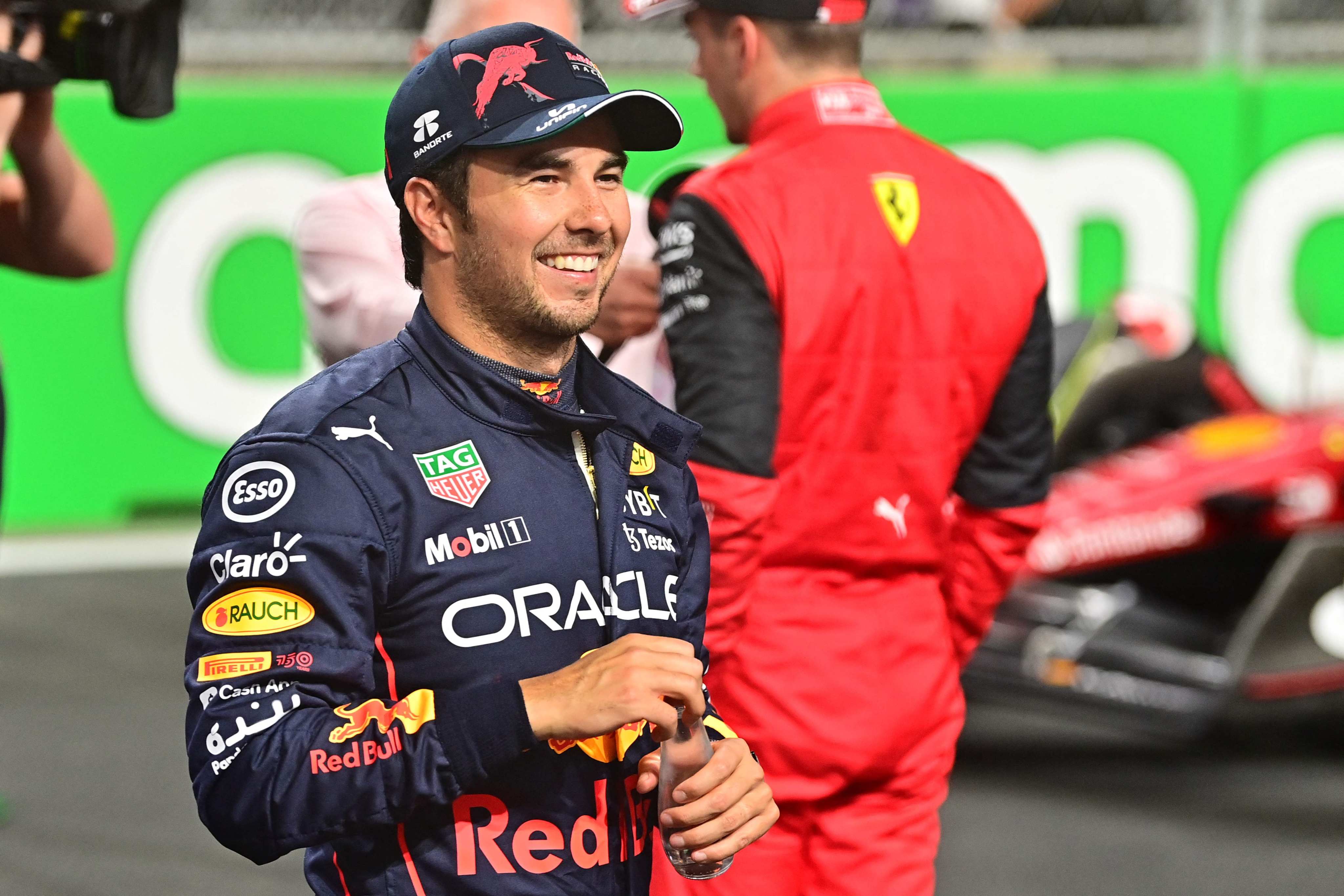 Red Bull’s Sergio Perez smiles after finishing in pole position for the Saudi Arabian Grand Prix. Photo: AFP