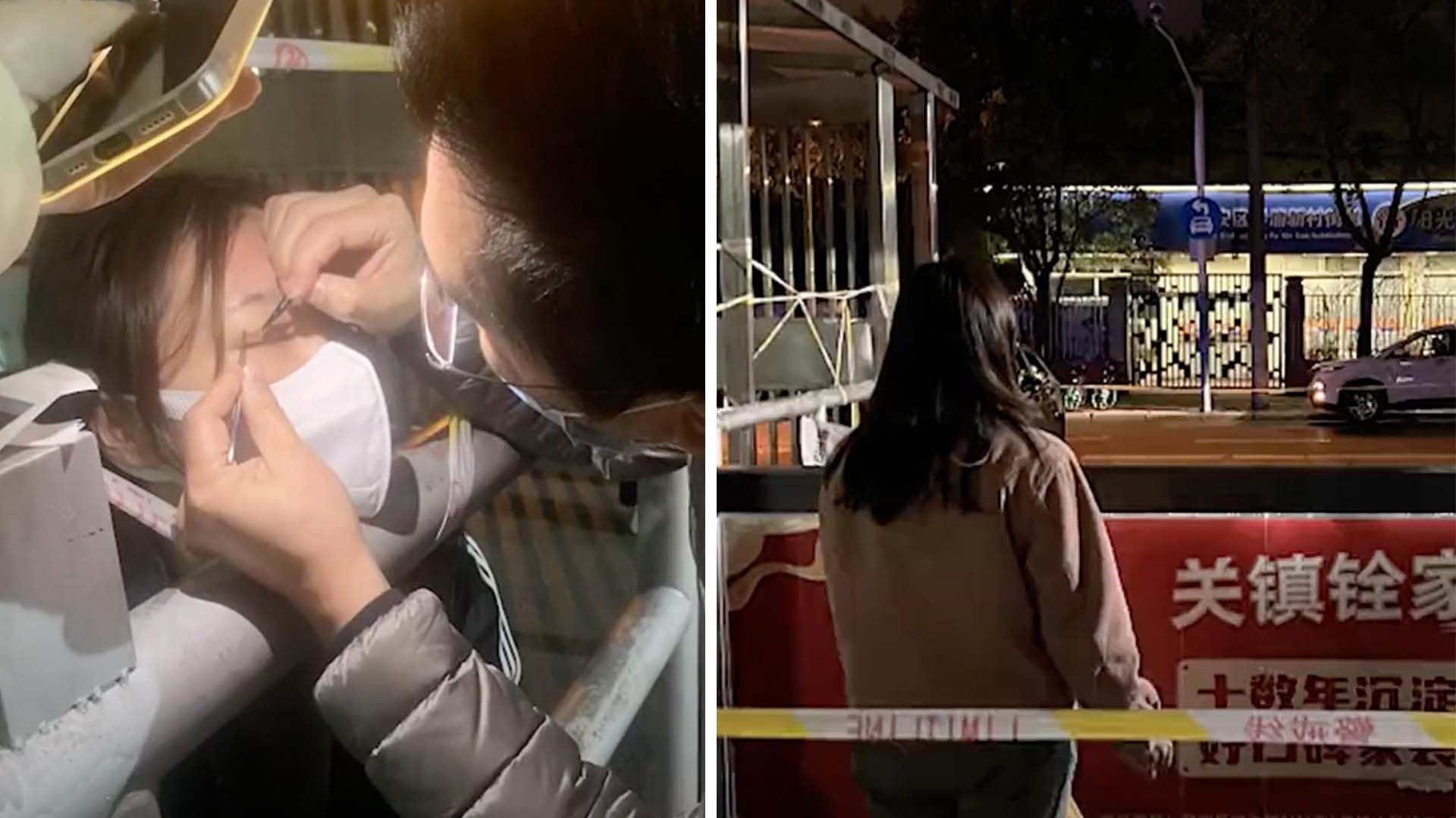 A woman has sutures from a double eyelid procedure removed at her residential complex gate by a doctor during Shanghai’s Covid-19 lockdown. Photo: SCMP Artwork