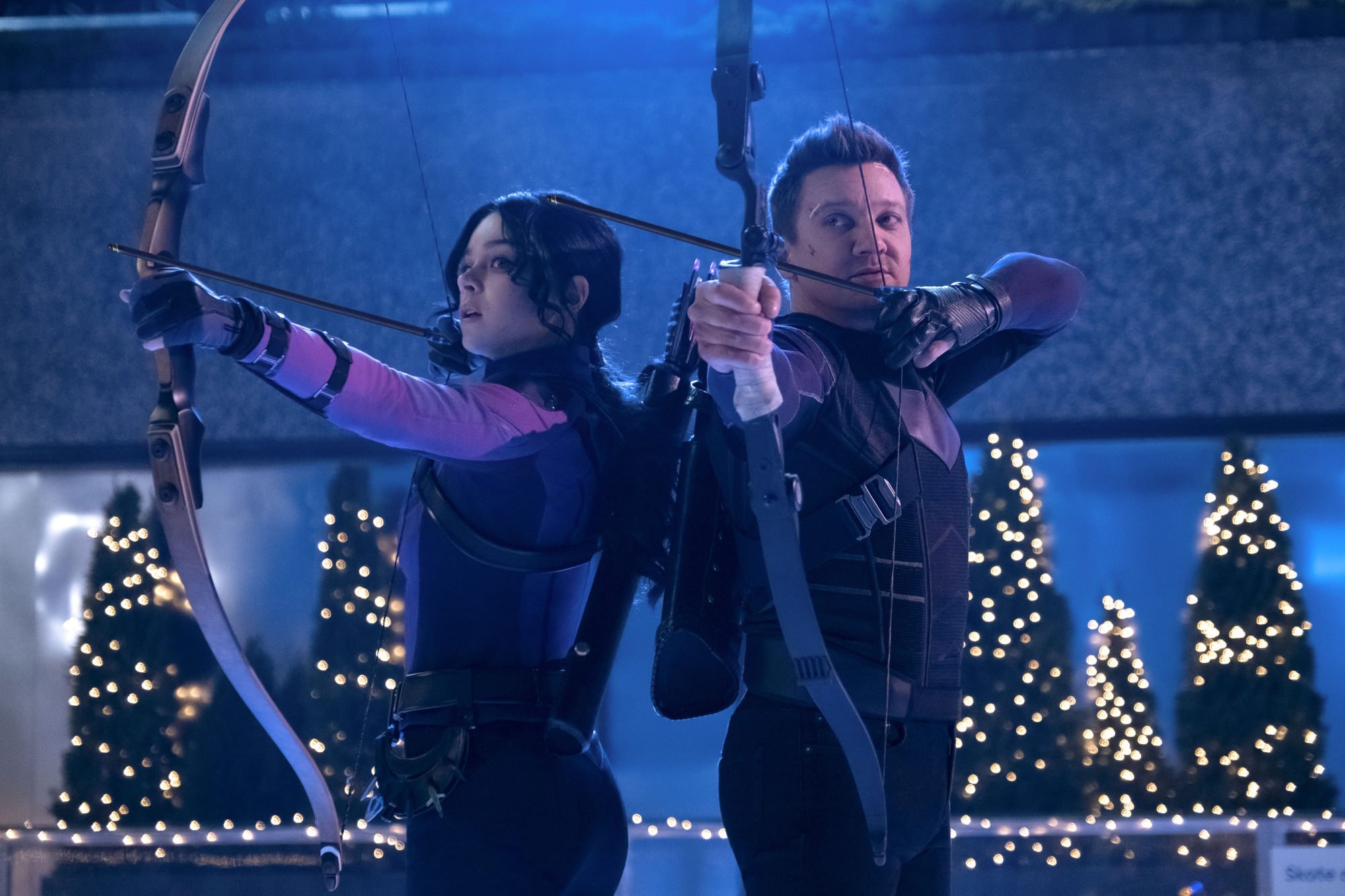 Hailee Steinfeld plays Kate Bishop alongside Jeremy Renner’s Clint Barton/Hawkeye in Marvel Studios’ Hawkeye. Photo: Marvel Studios