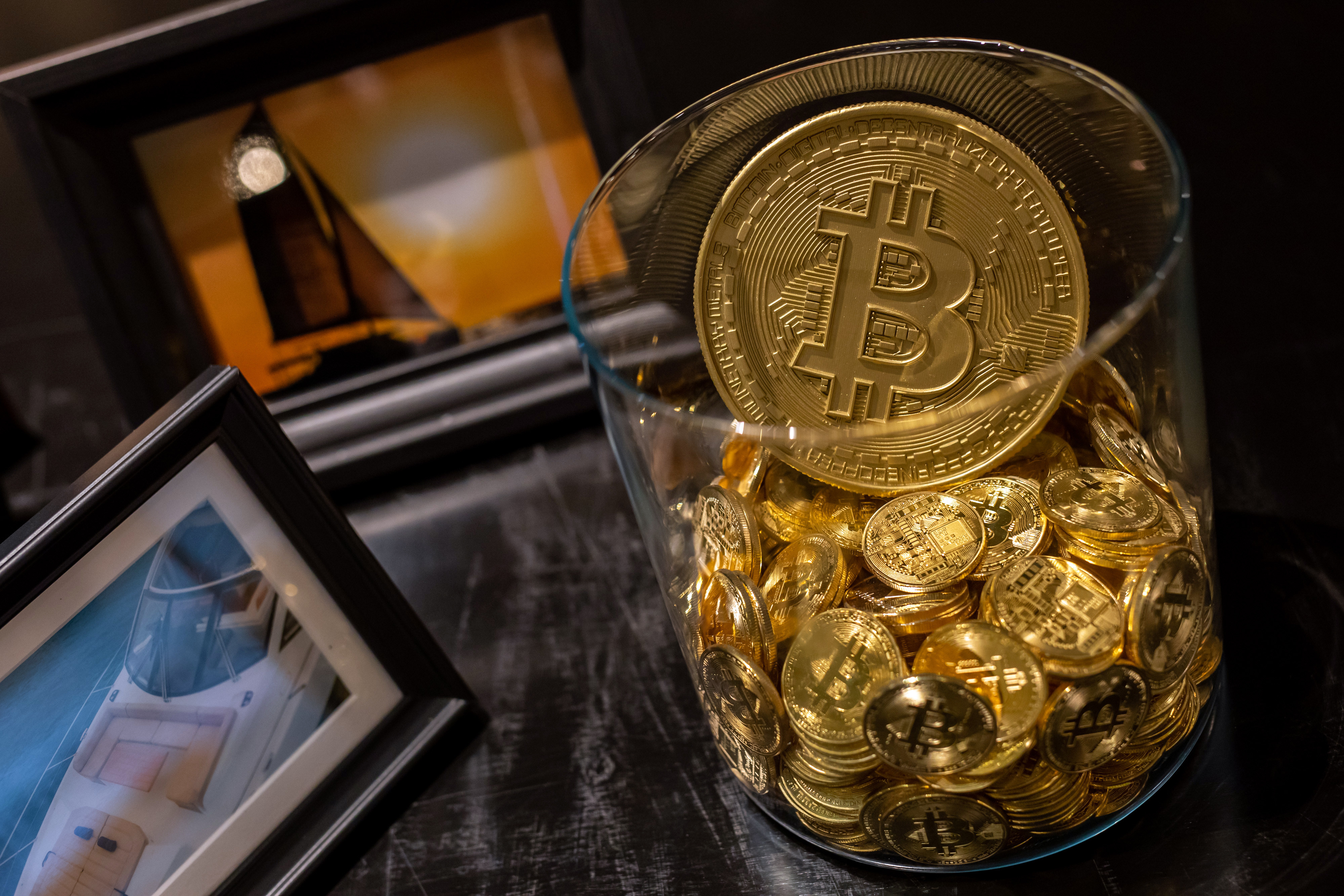 Novelty Bitcoin tokens arranged at a CoinUnited cryptocurrency exchange in Hong Kong on March 4, 2022. Photo: Bloomberg