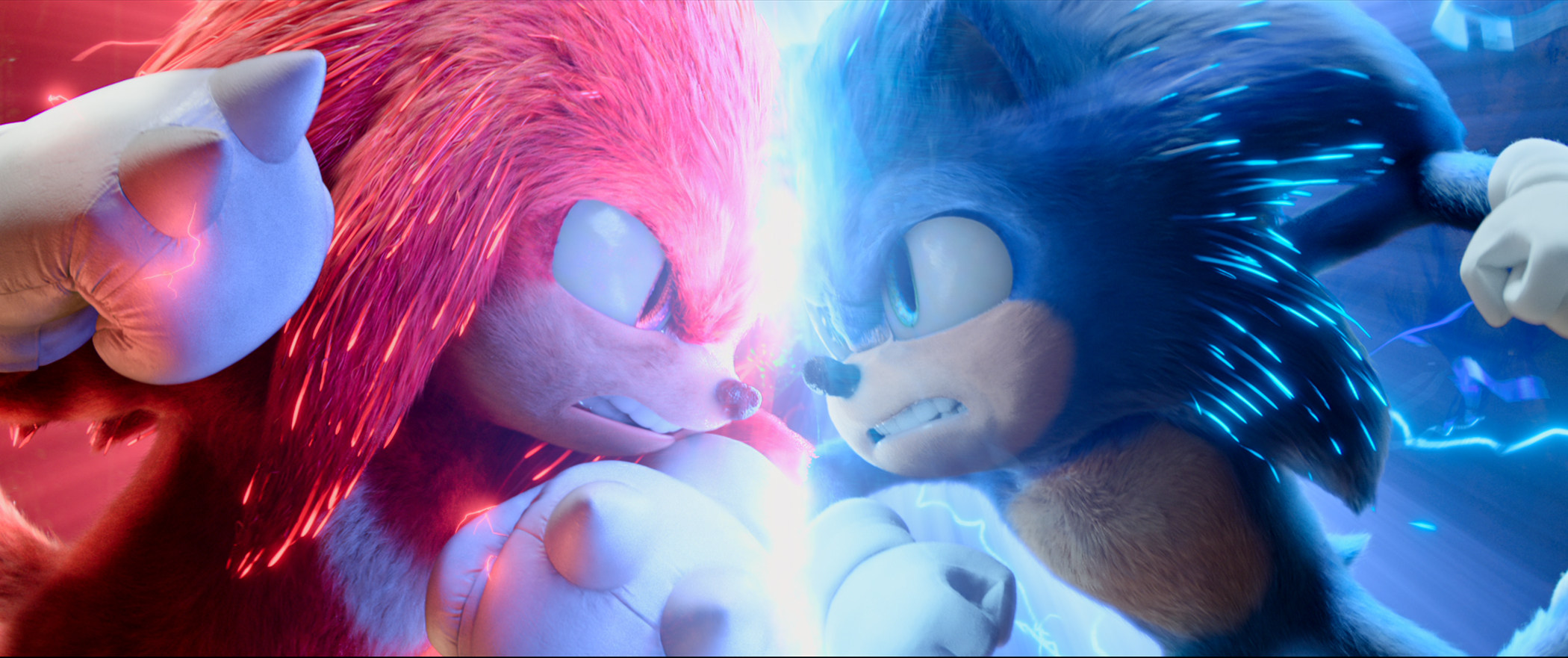 Knuckles (left, voiced by Idris Elba) and Sonic (Ben Schwartz) in a still from Sonic the Hedgehog 2. Photo: Paramount Pictures and Sega.
