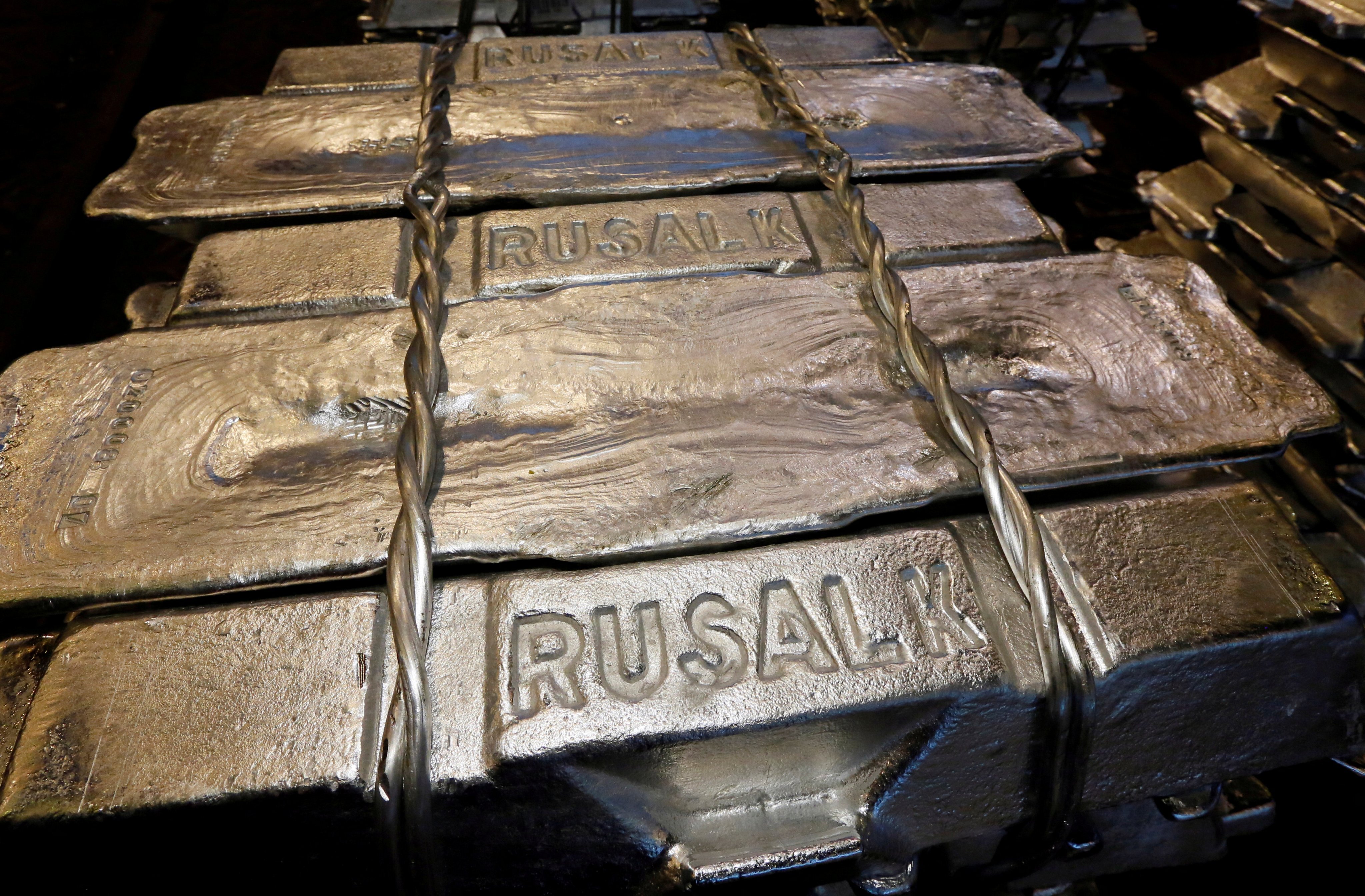 Aluminium ingots are seen stored at the foundry shop of Rusal’s Krasnoyarsk smelter in Russia on October 3, 2018. Photo: Reuters
