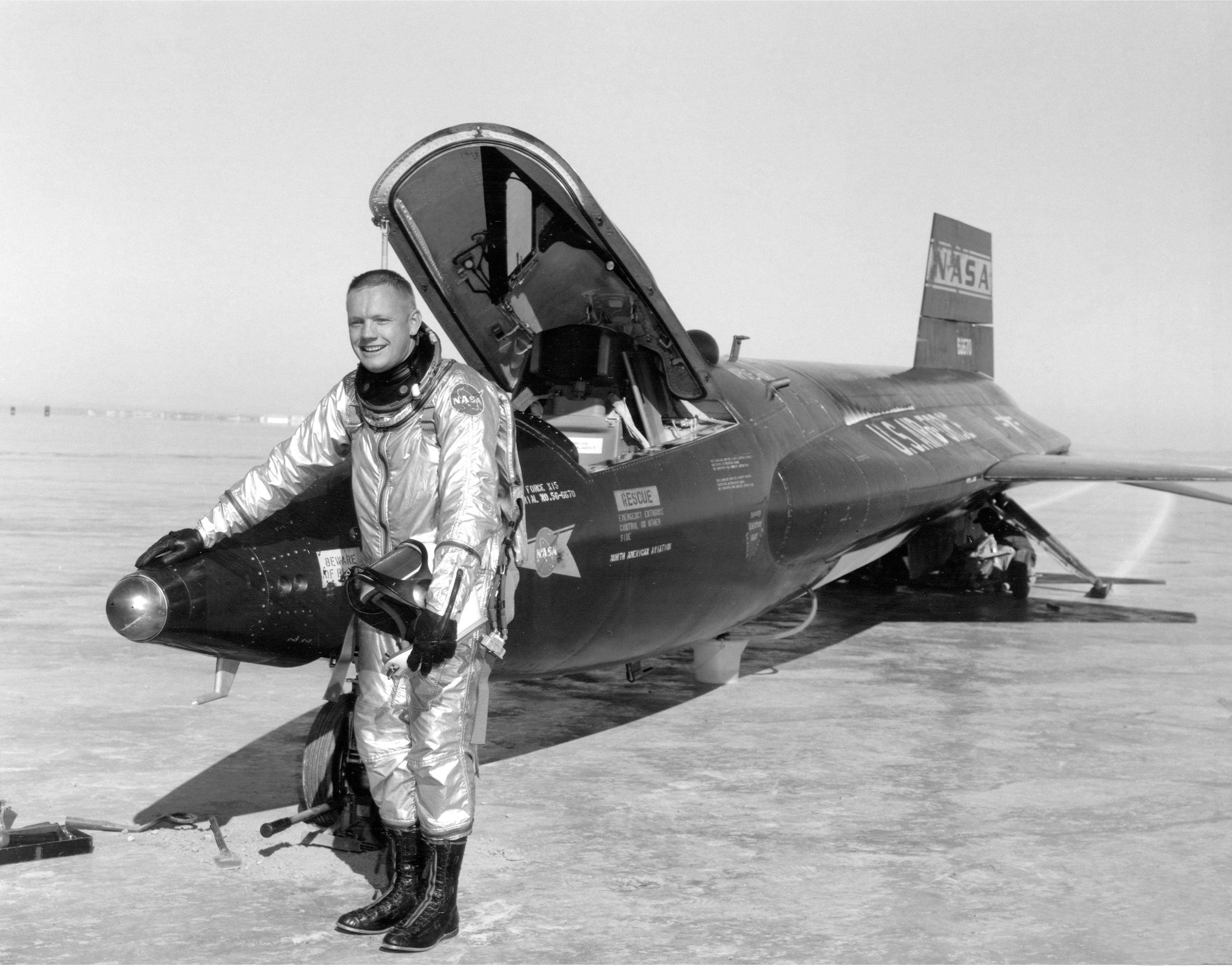Neil Armstrong, who would become the first astronaut to set foot on the Moon, poses with an X-15 aircraft at the Dryden Flight Research Centre in California, in an undated photo. The X-15 planes used skid landing gears. Photo: Reuters/Nasa