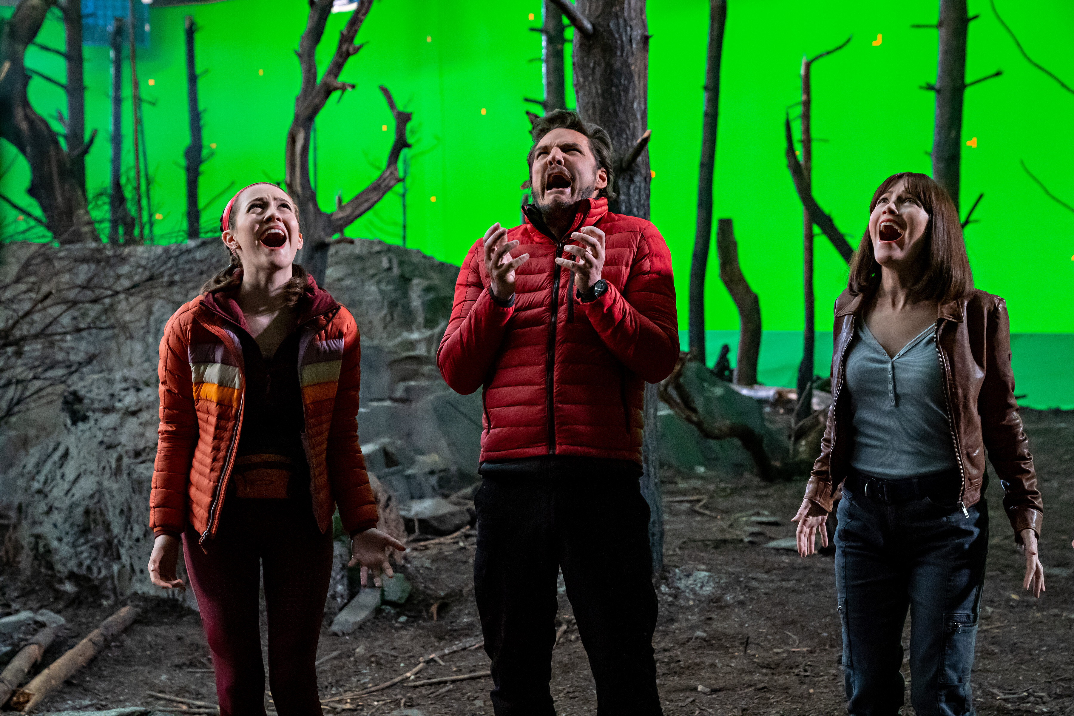 (From left) Iris Apatow, Pedro Pascal and Leslie Mann in a still from The Bubble. Photo: Laura Radford/Netflix