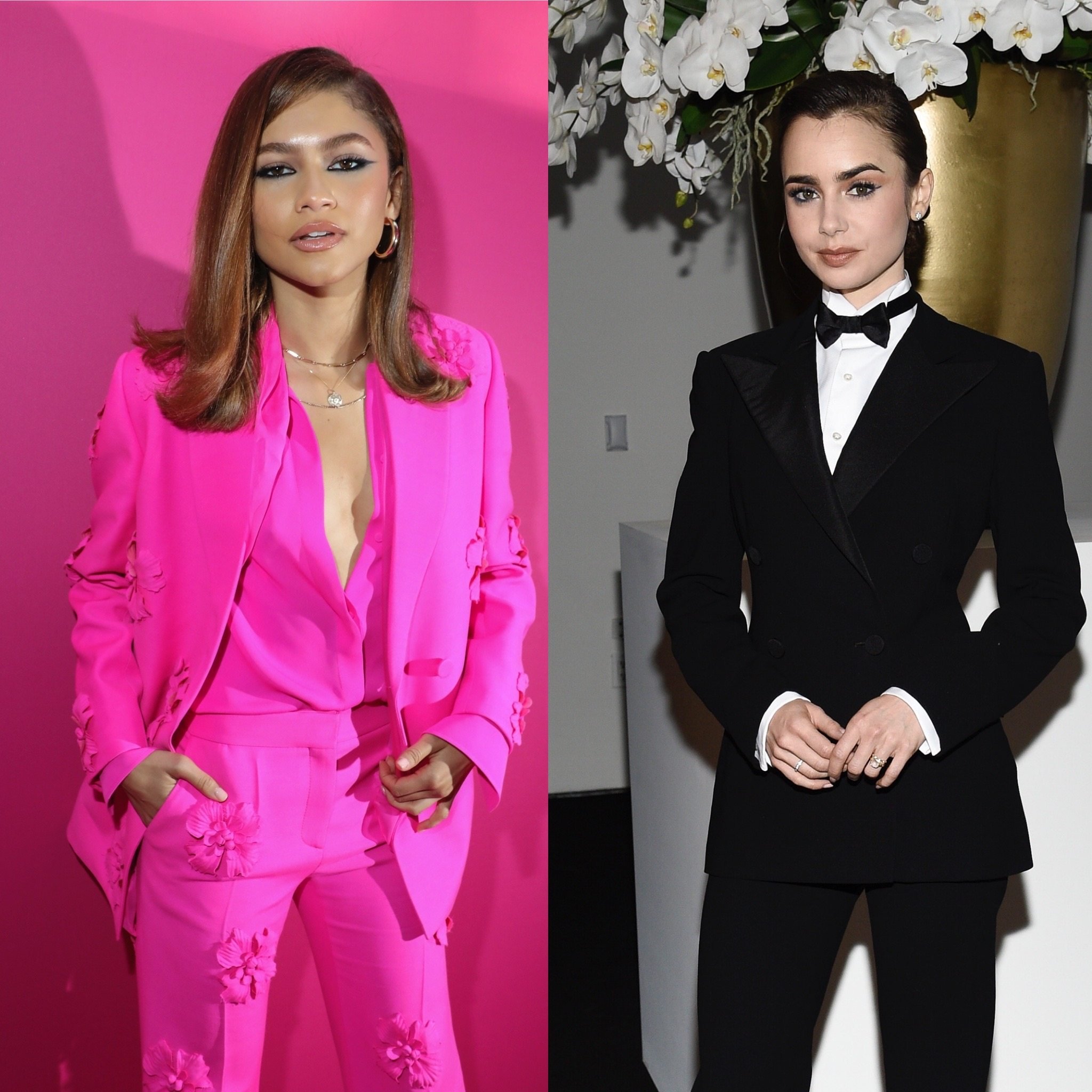 Zendaya’s recent bright pink Valentino look and Lily Collins’ all-black tux show women’s fashion has turned its eye towards the tailored suit again. Photos: AP