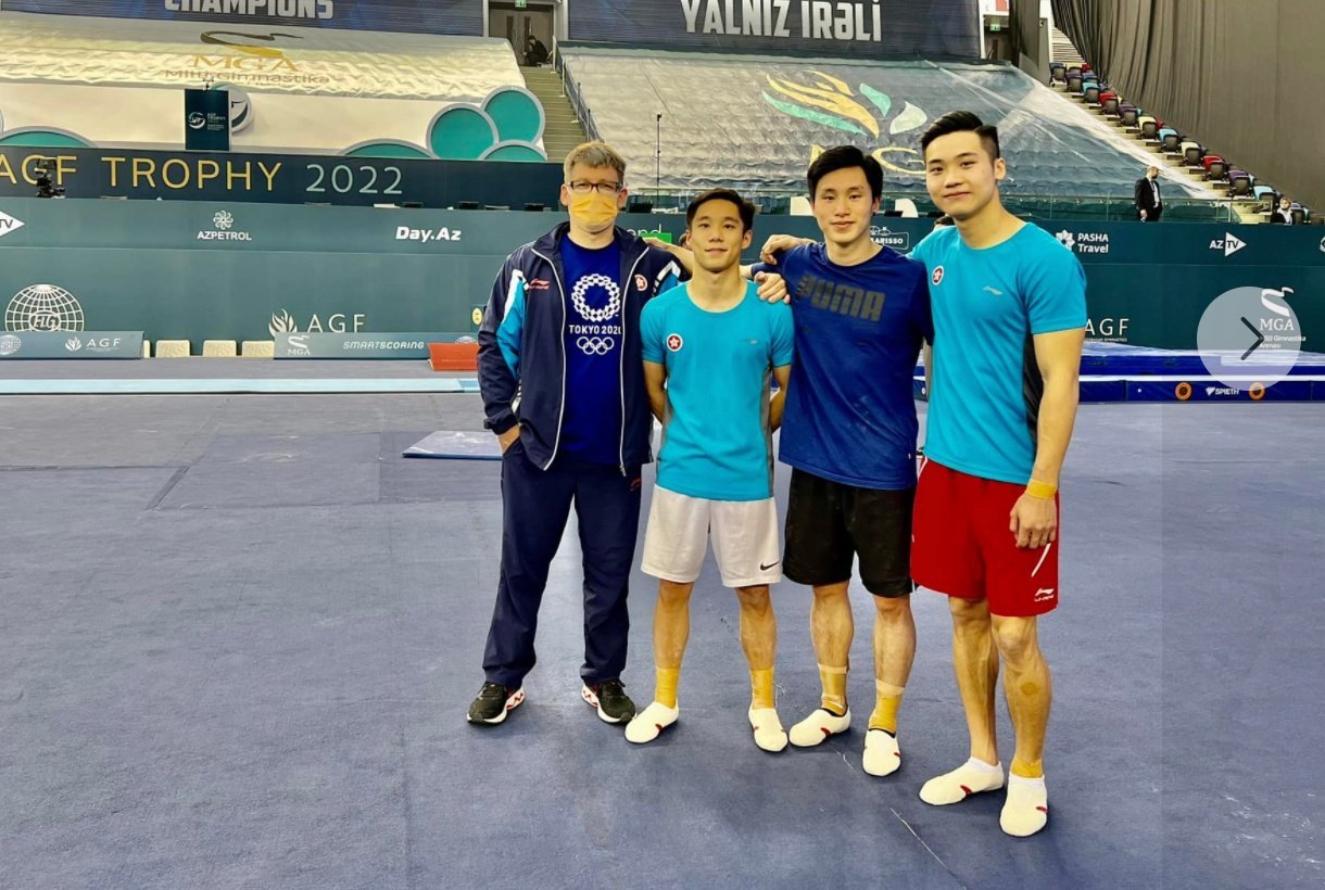 Hong Kong men’s gymnasts, with coach Sergiy (first left), getting ready for Baku World Cup.  Photo: Sergiyfb