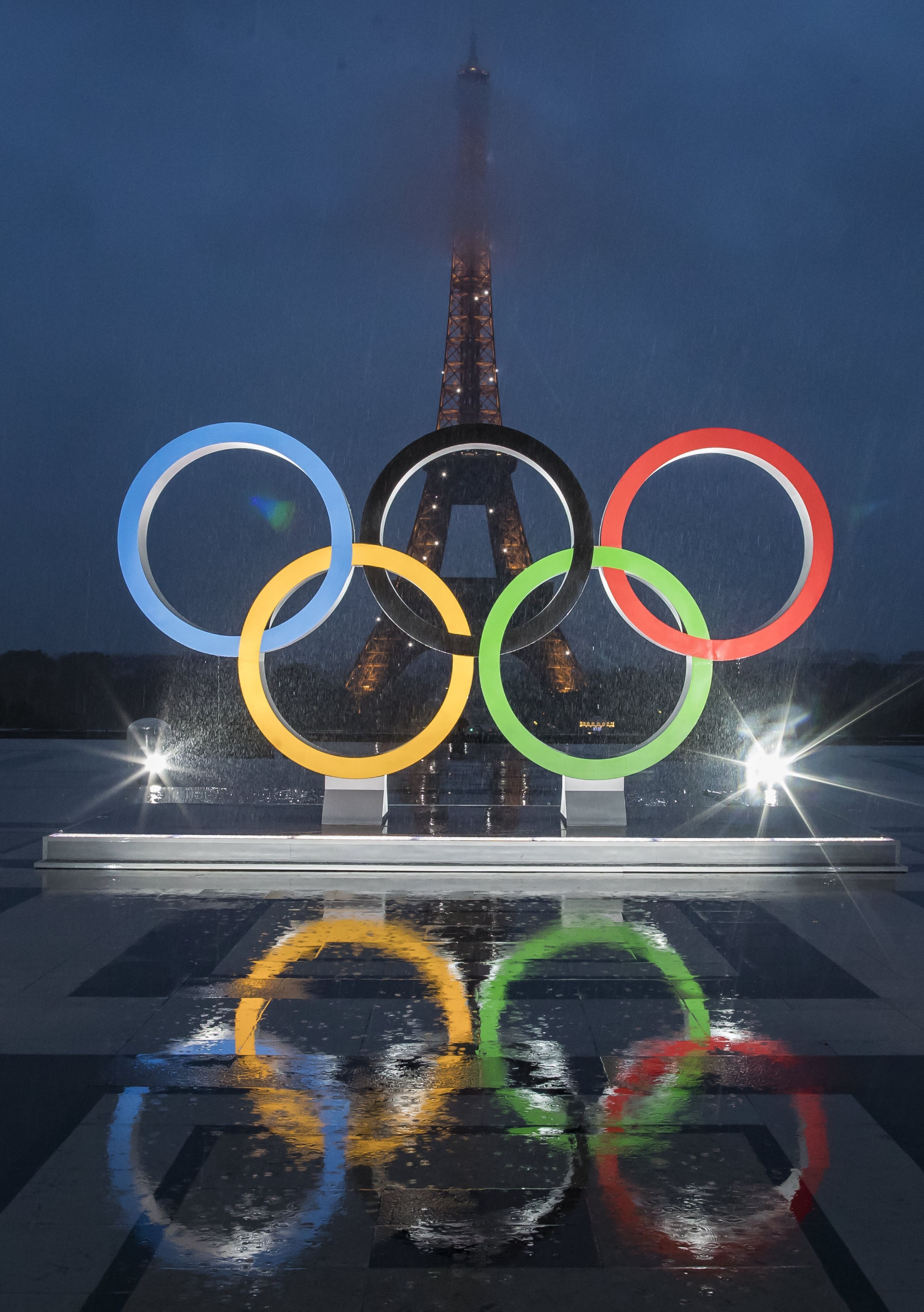 The Olympic rings are unveiled in a ceremony at Place du Trocadero next to the Eiffel Tower after Paris wins the 2024 Olympic Games bid in 2017. Photo: EPA   
