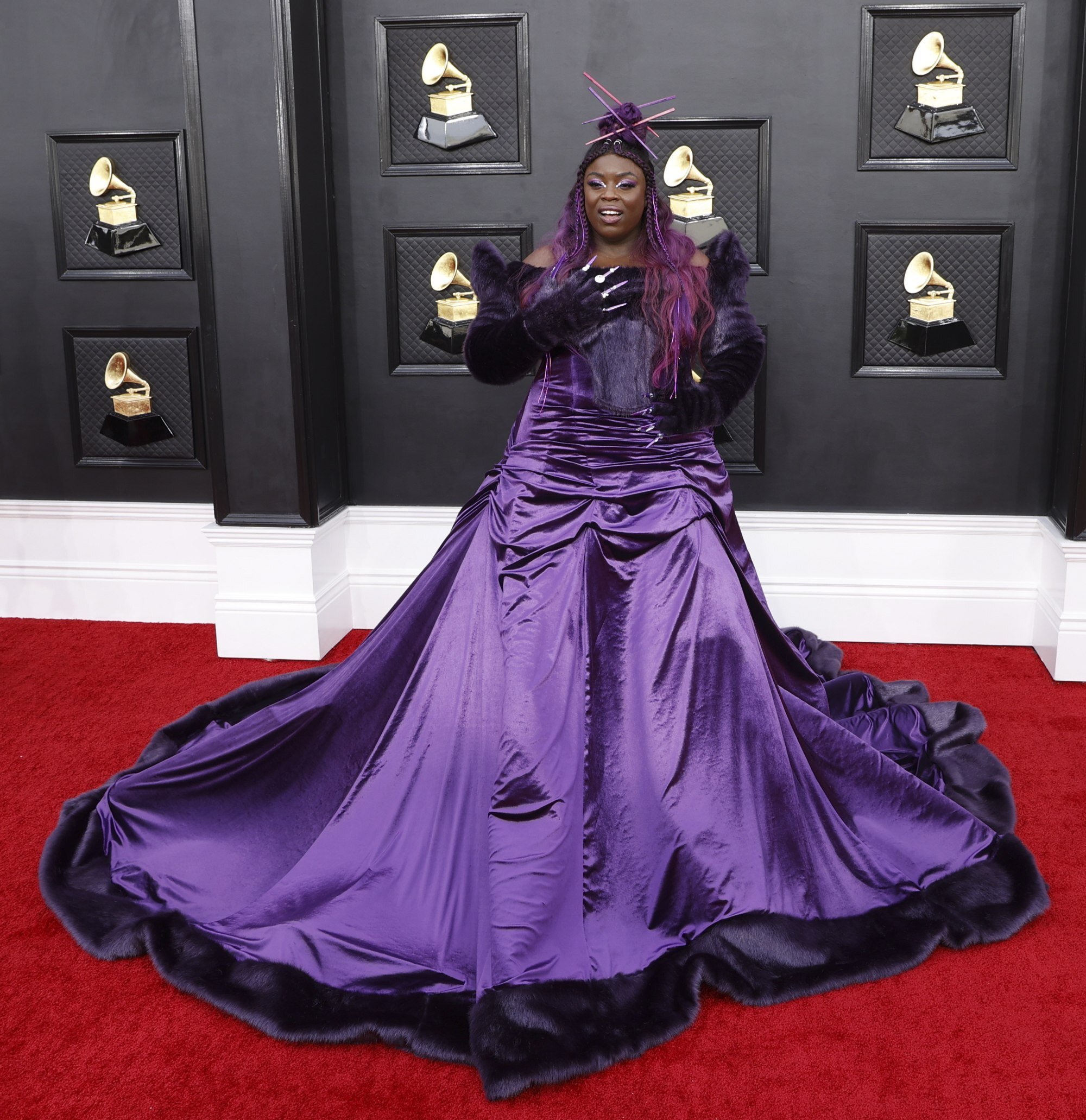 Yola arrives for the 64th annual Grammy Awards in a slightly terrifying purple get up. Photo: EPA-EFE