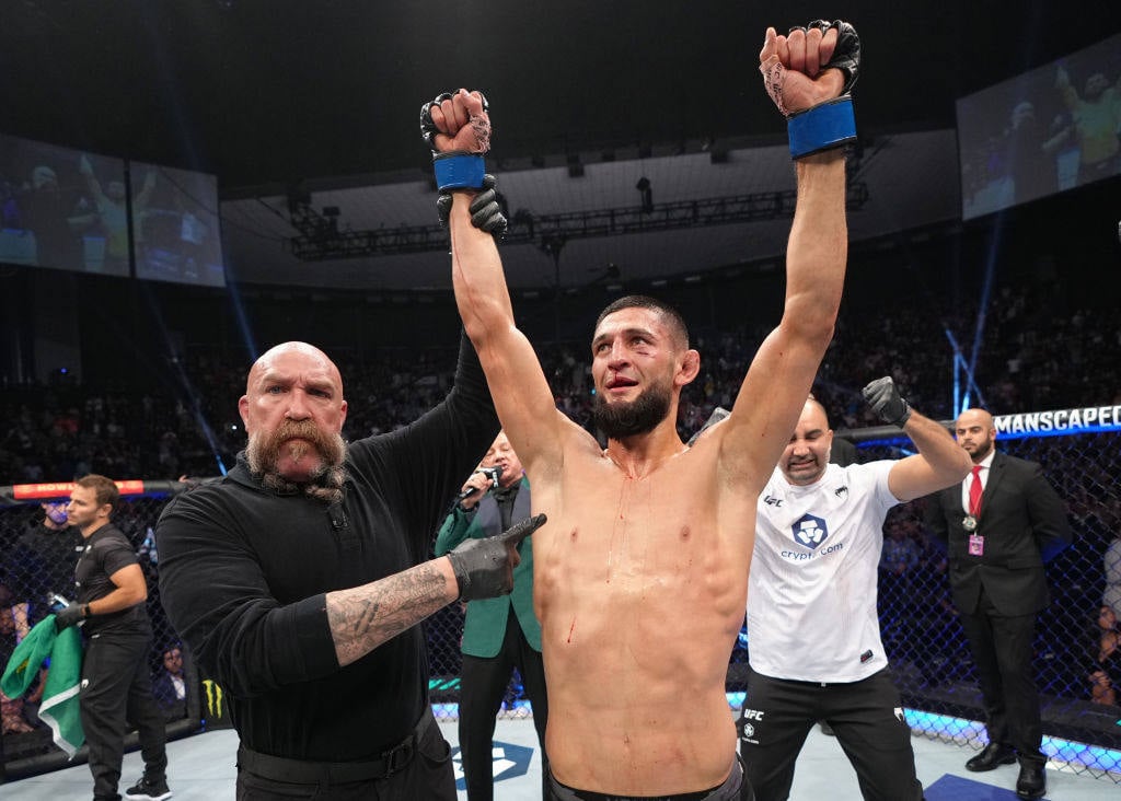 Khamzat Chimaev reacts after his decision victory over Gilbert Burns in their welterweight fight at UFC 273. Photo: Jeff Bottari/Zuffa LLC