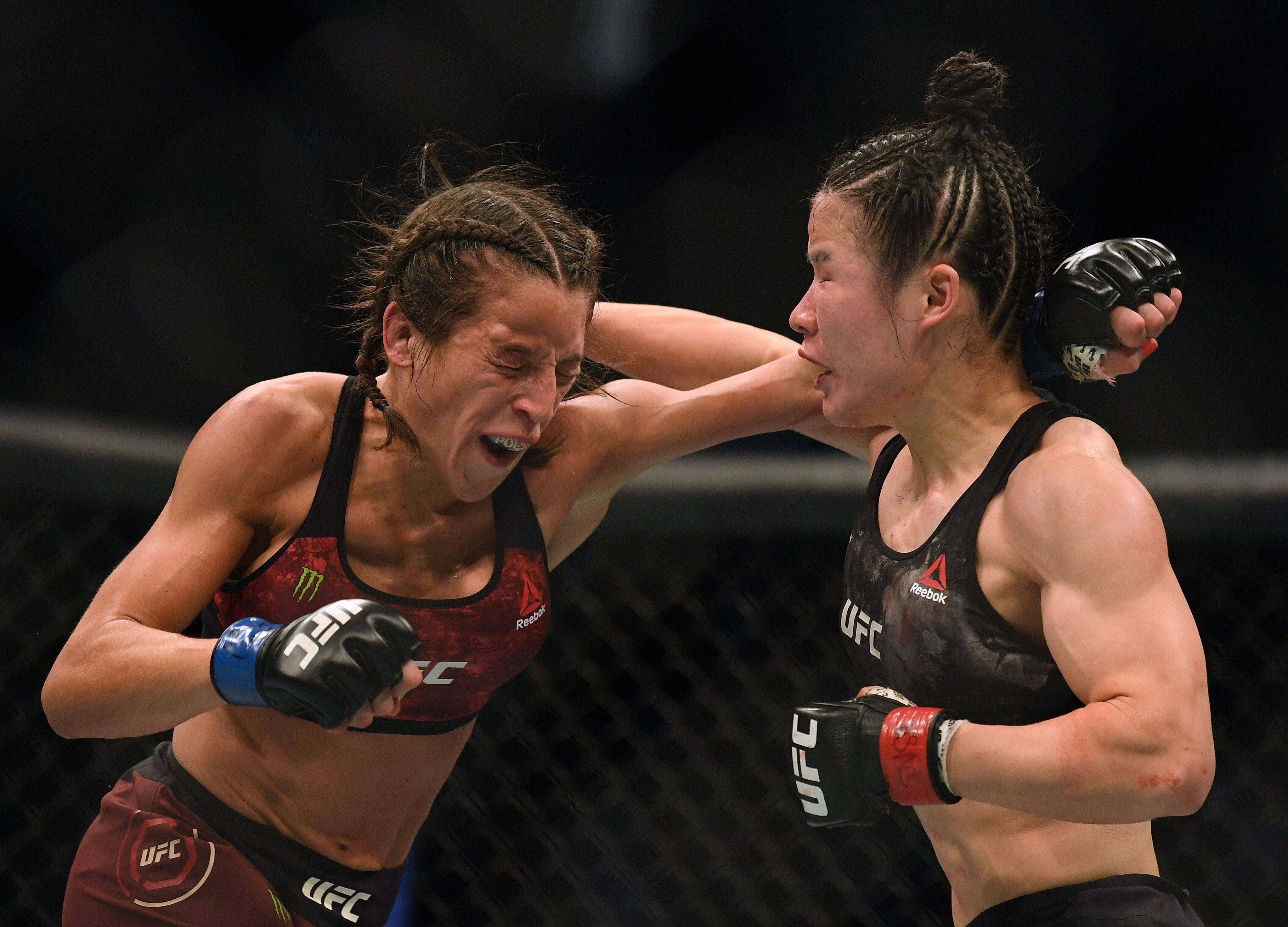 Zhang Weili (right) battles against Joanna Jedrzejczyk en route to a split decision win at T-Mobile Arena on March 7, 2020 in Las Vegas, Nevada. Photo: Harry How/Getty Images/AFP