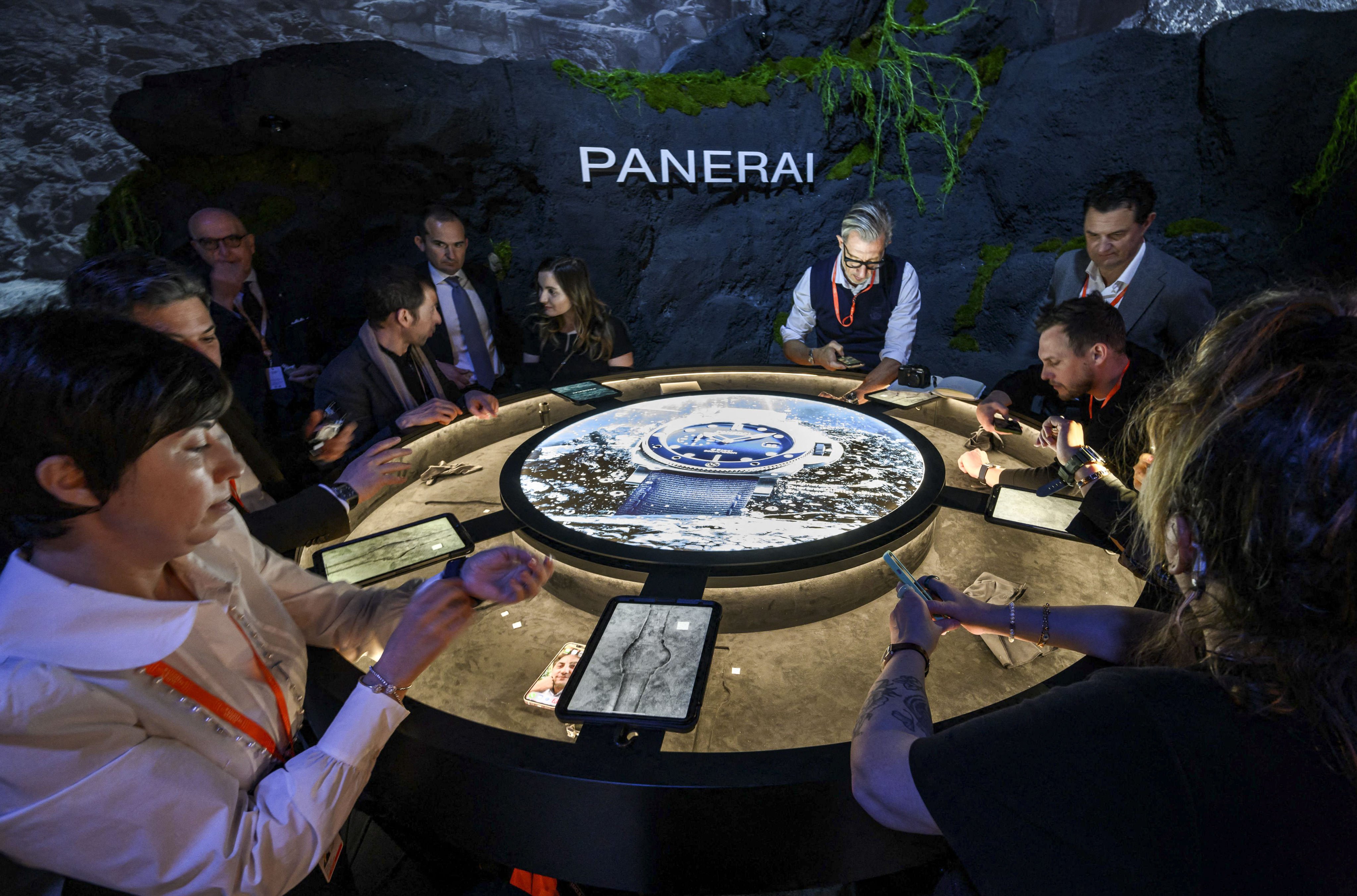 In a sign of the robust health of the sector, the booths of many luxury watch manufacturers – including that of Panerai, owned by Richemont group – were busy on the opening day of the Watches and Wonders Geneva show, in Geneva on March 30, 2022. Photo: AFP