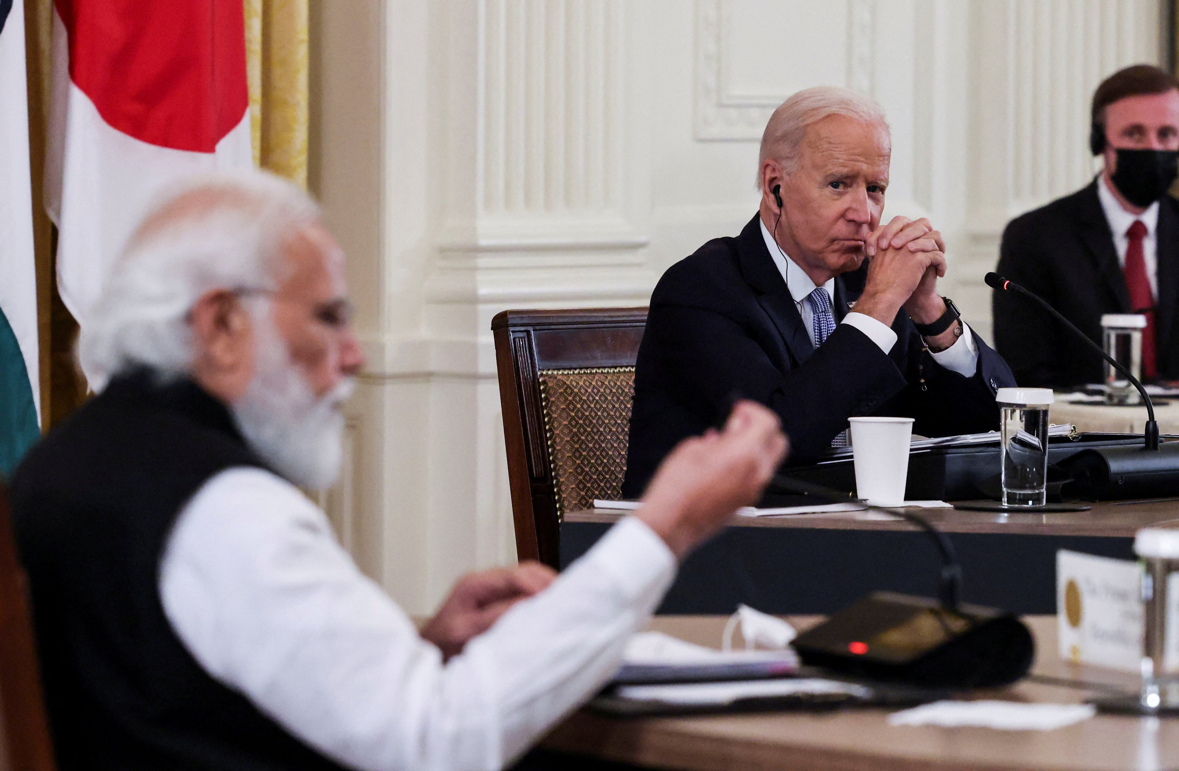 US President Joe Biden listens as India’s Prime Minister Narendra Modi speaks during a meeting in the White House in September 2021. On Monday, the two leaders met virtually in advance of the nations’ 2+2 Dialogue. Photo: Reuters