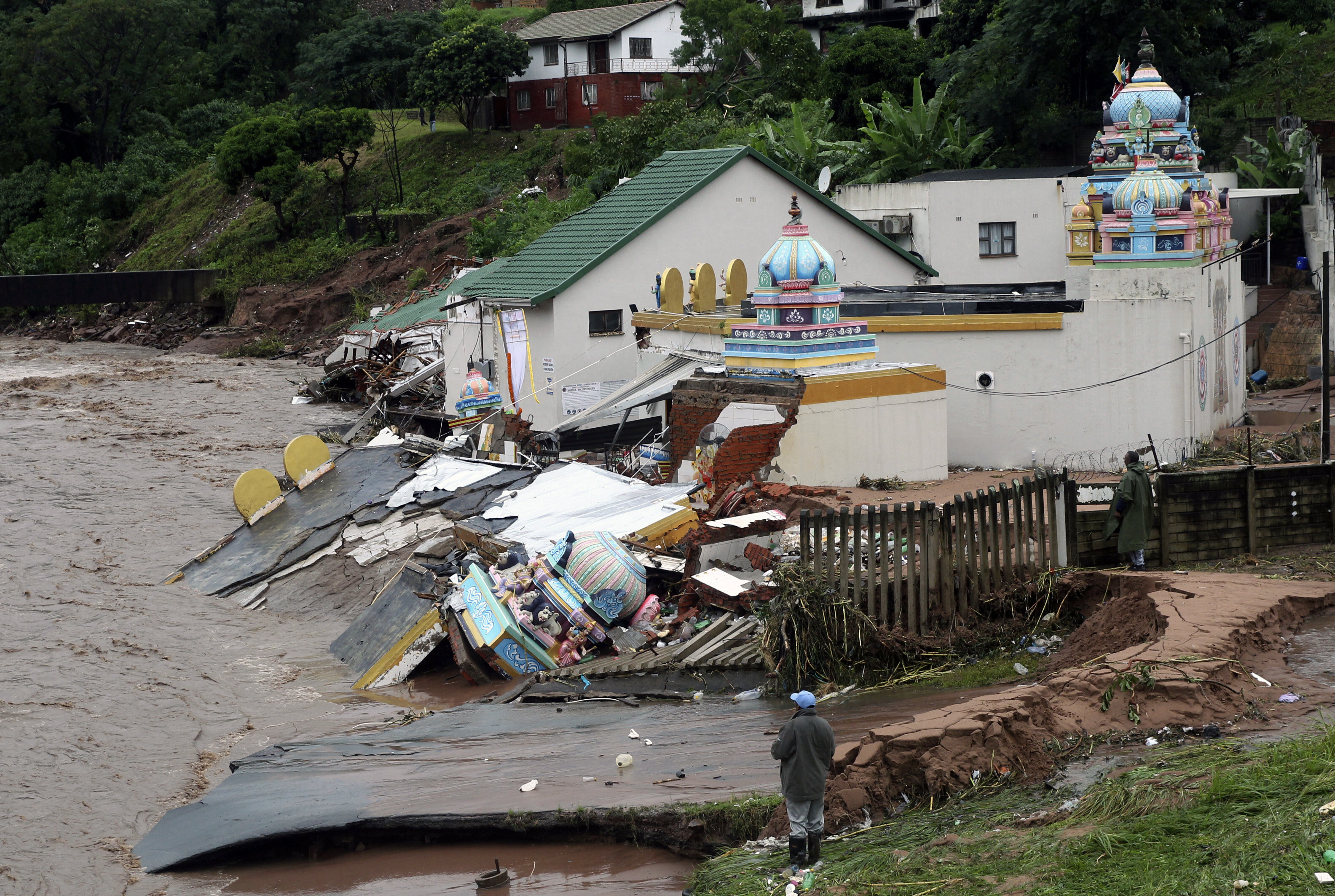 The Vishnu Hindu Temple was severely damaged by flooding on Mhlathuzana river in Chatsworth, outside Durban, South Africa on Tuesday. Photo: AP