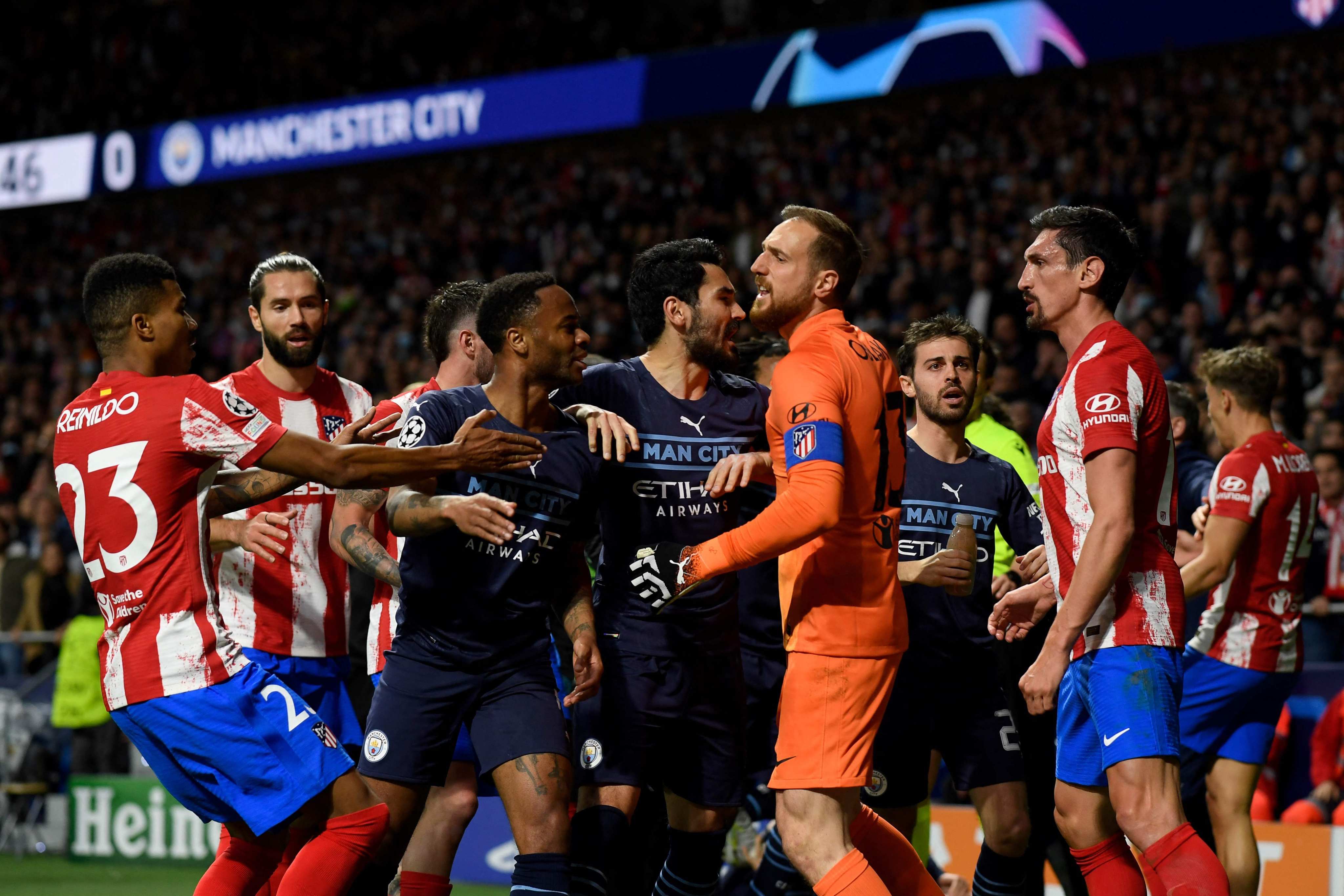 Players fight during the Uefa Champions League quarter final second leg match between Atletico Madrid and Manchester City. Photo: AFP