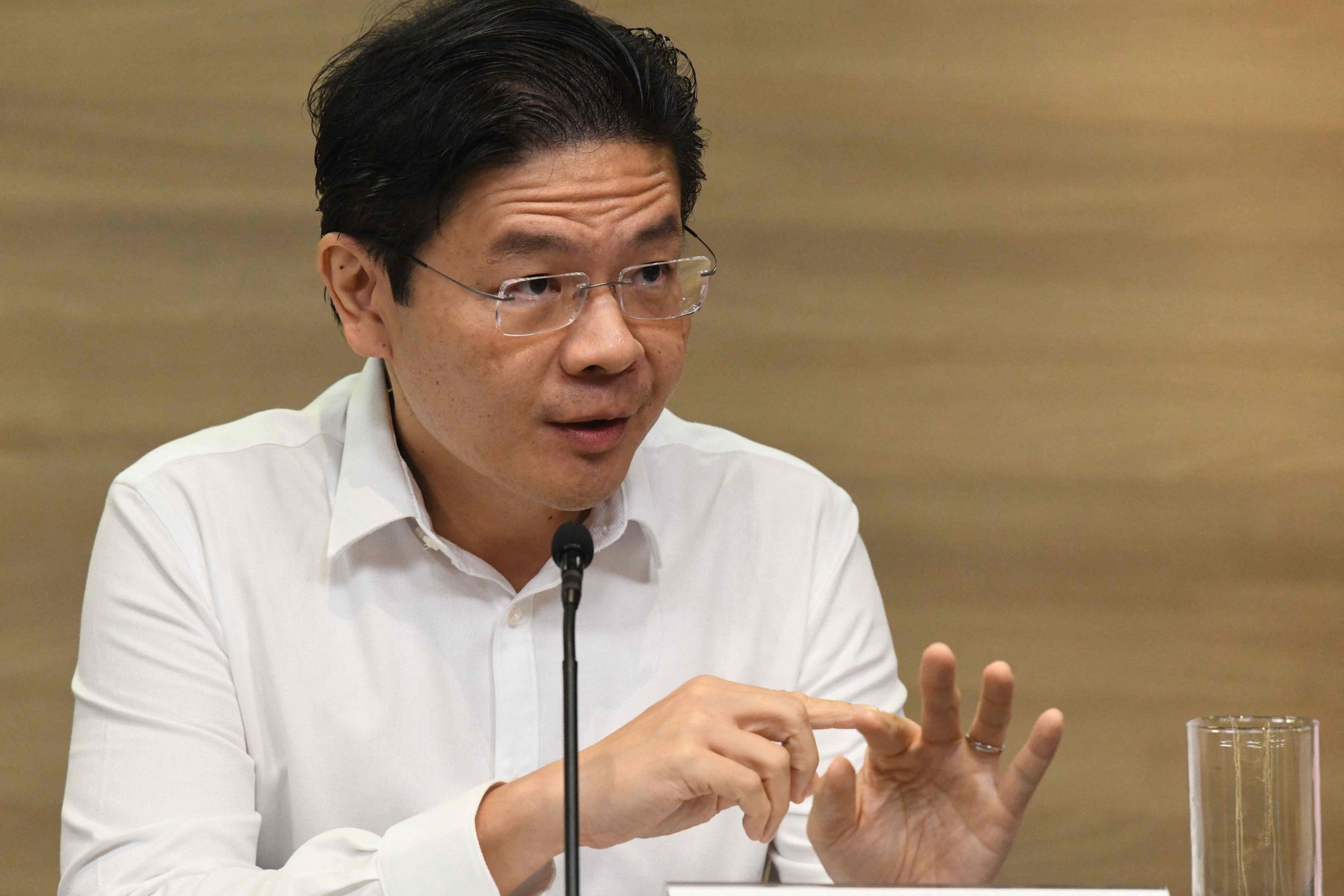 Lawrence Wong speaks at a press conference on Singapore’s Covid-19 situation in January 2020. Photo: AFP