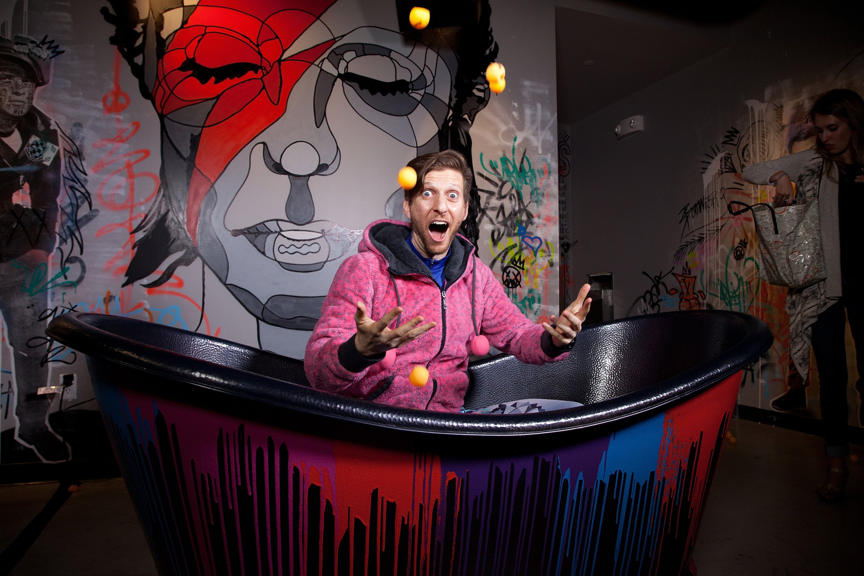 SAN FRANCISCO, CA - MAY 19:  Ping-pong professional Adam Bobrow poses for photos in the photobooth tub at the SPiN San Francisco Grand Opening on May 19, 2016 in San Francisco, California.  (Photo by Kelly Sullivan/WireImage)