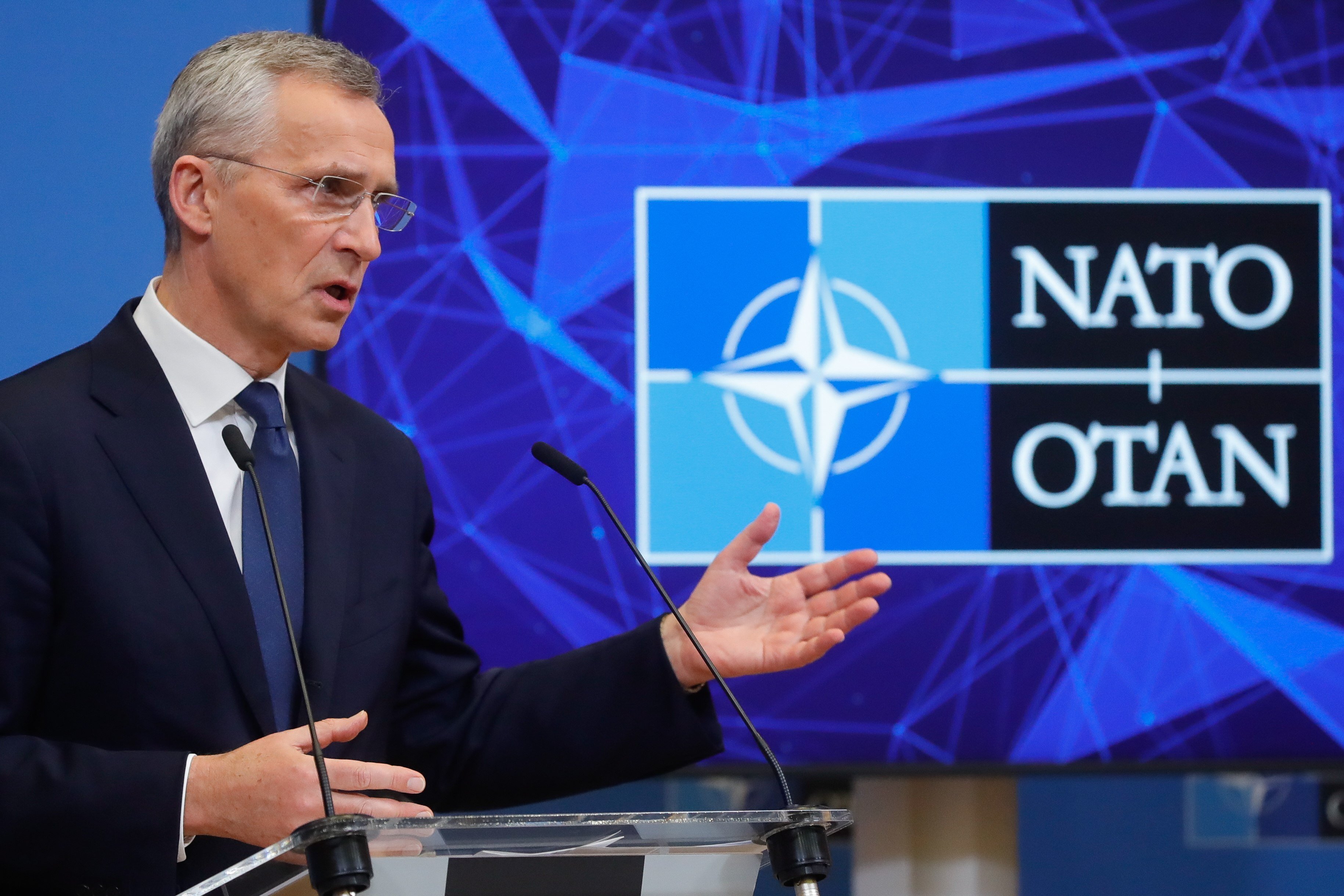Nato Secretary General Jens Stoltenberg speaks to the press following a meeting of Nato foreign ministers in Brussels, Belgium, on April 7, to discuss how to bolster support for Ukraine without being drawn into a wider war with Russia. Photo: EPA-EFE